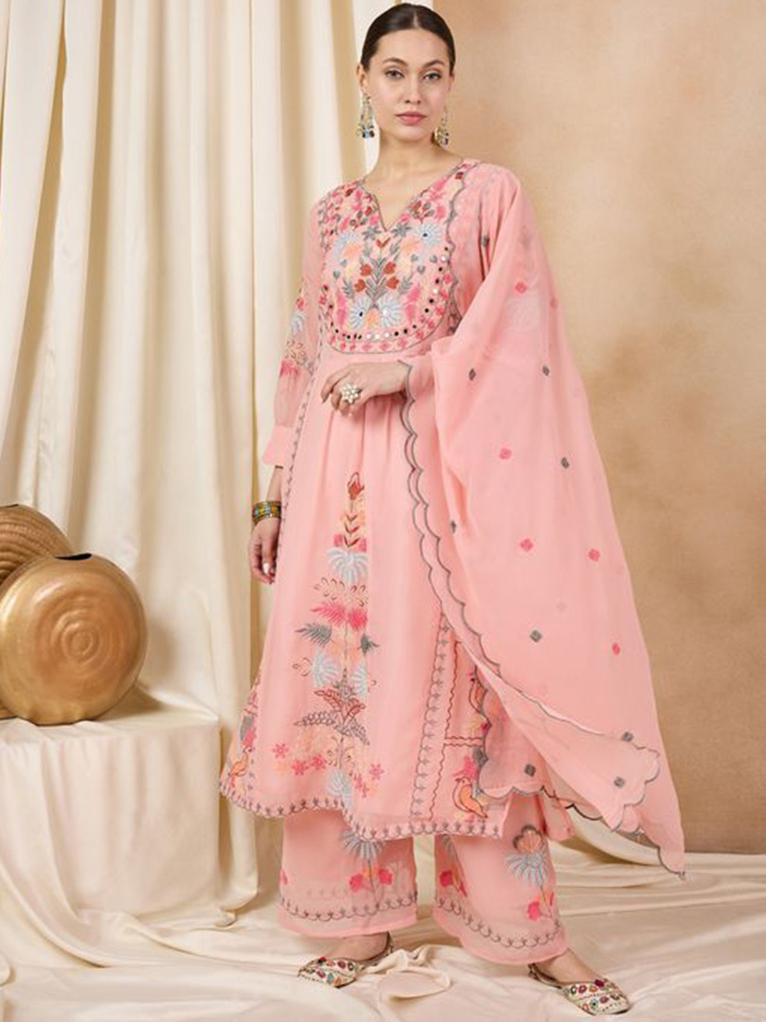 

Fashion Basket Floral Embroidered Georgette Pleated A-Line Kurta With Trousers & Dupatta, Peach