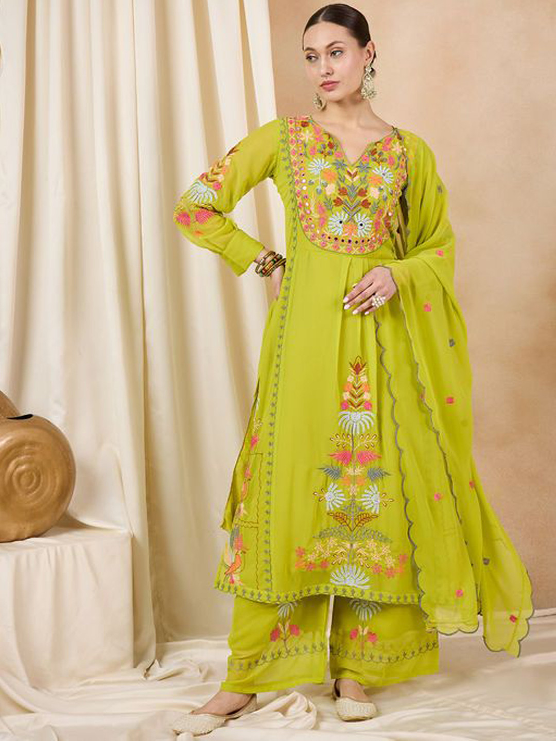 

Fashion Basket Floral Embroidered Georgette Pleated A-Line Kurta With Trousers & Dupatta, Green