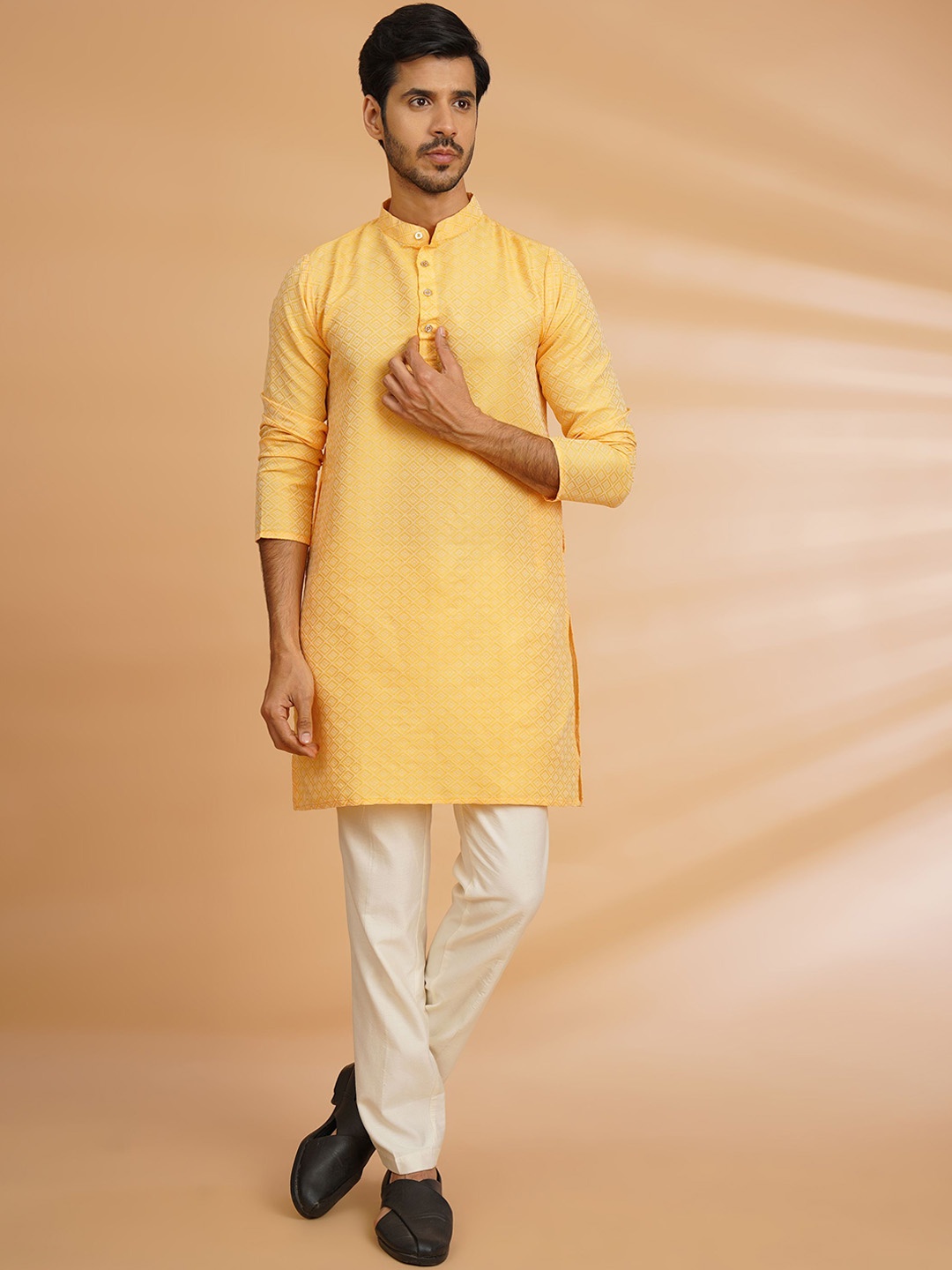 

Shiv Leela Geometric Woven Design Mandarin Collar Jacquard Cotton Straight Kurta, Yellow