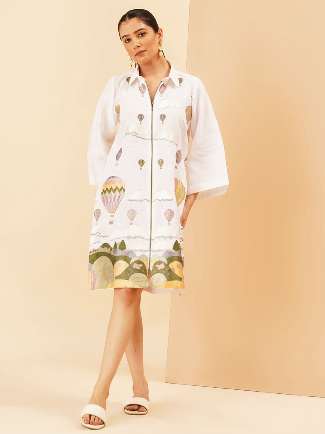 

KALPRAAG Embroidered Flared Sleeves Zipper Shirt Dress, Pink