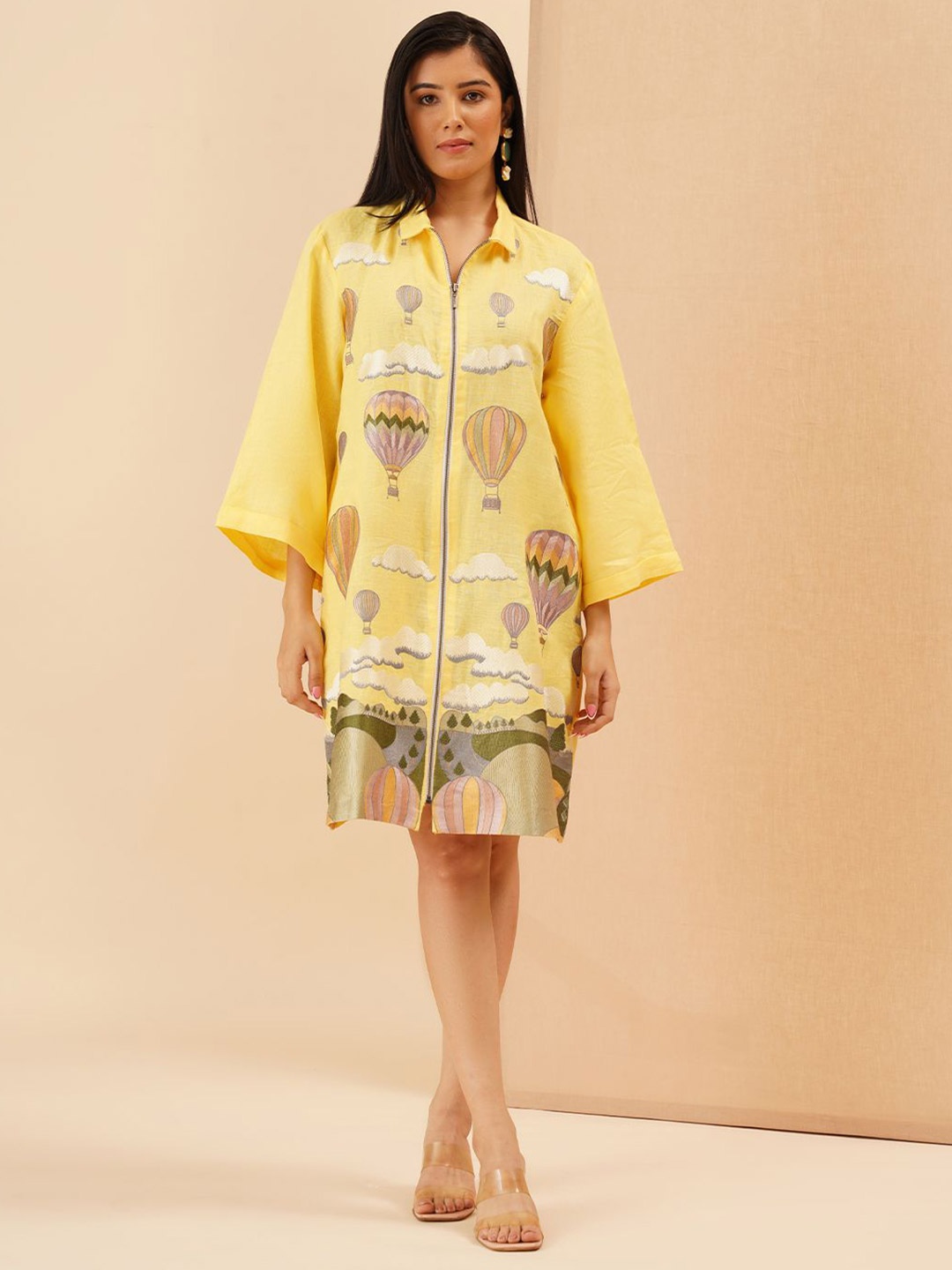 

KALPRAAG Cappadocia Embroidered Bell Sleeves Zipper Dress, Yellow