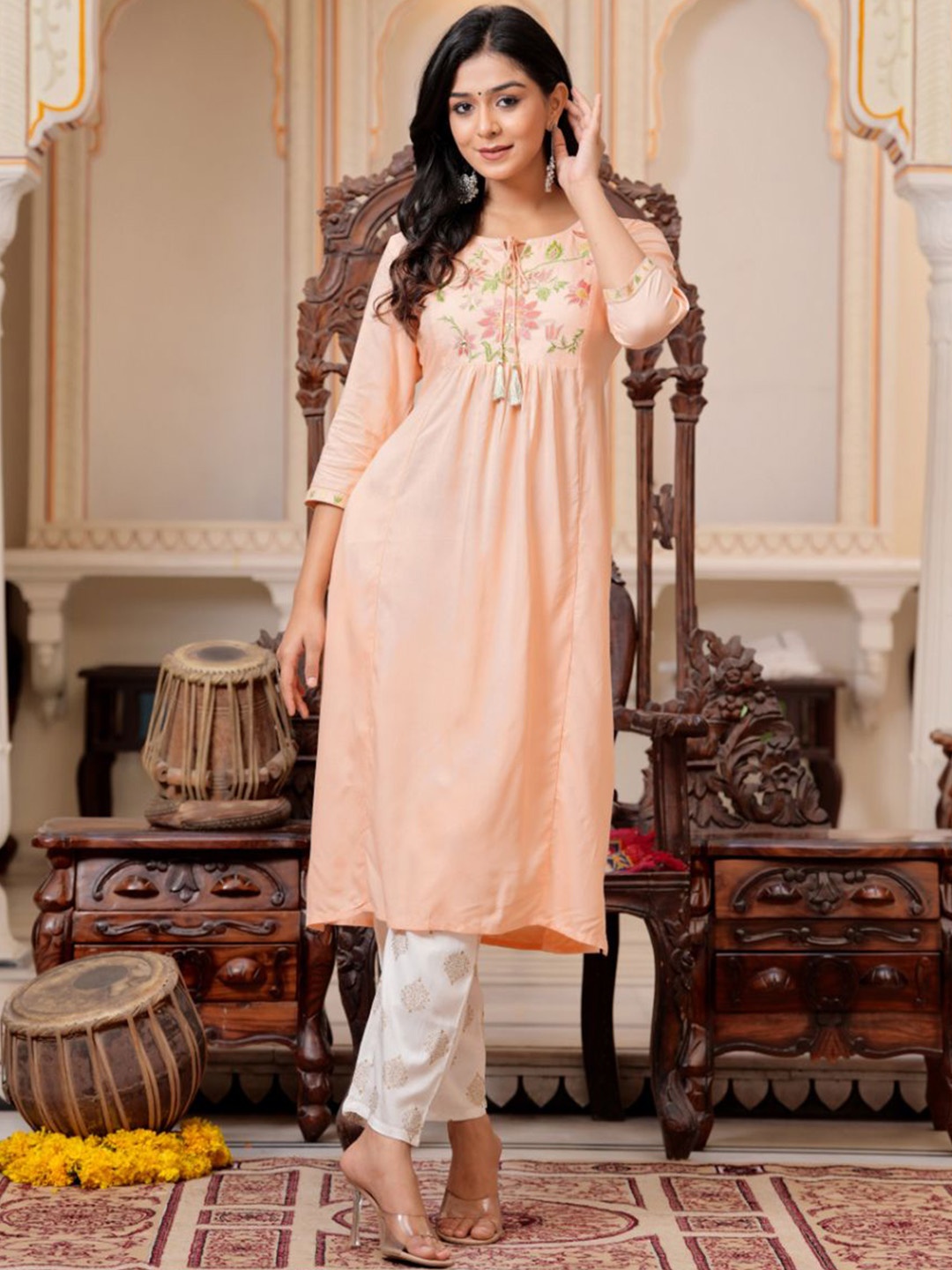 

BAESD Floral Embroidered Tie-Up Neck Thread Work Straight Kurta with Trousers, Peach
