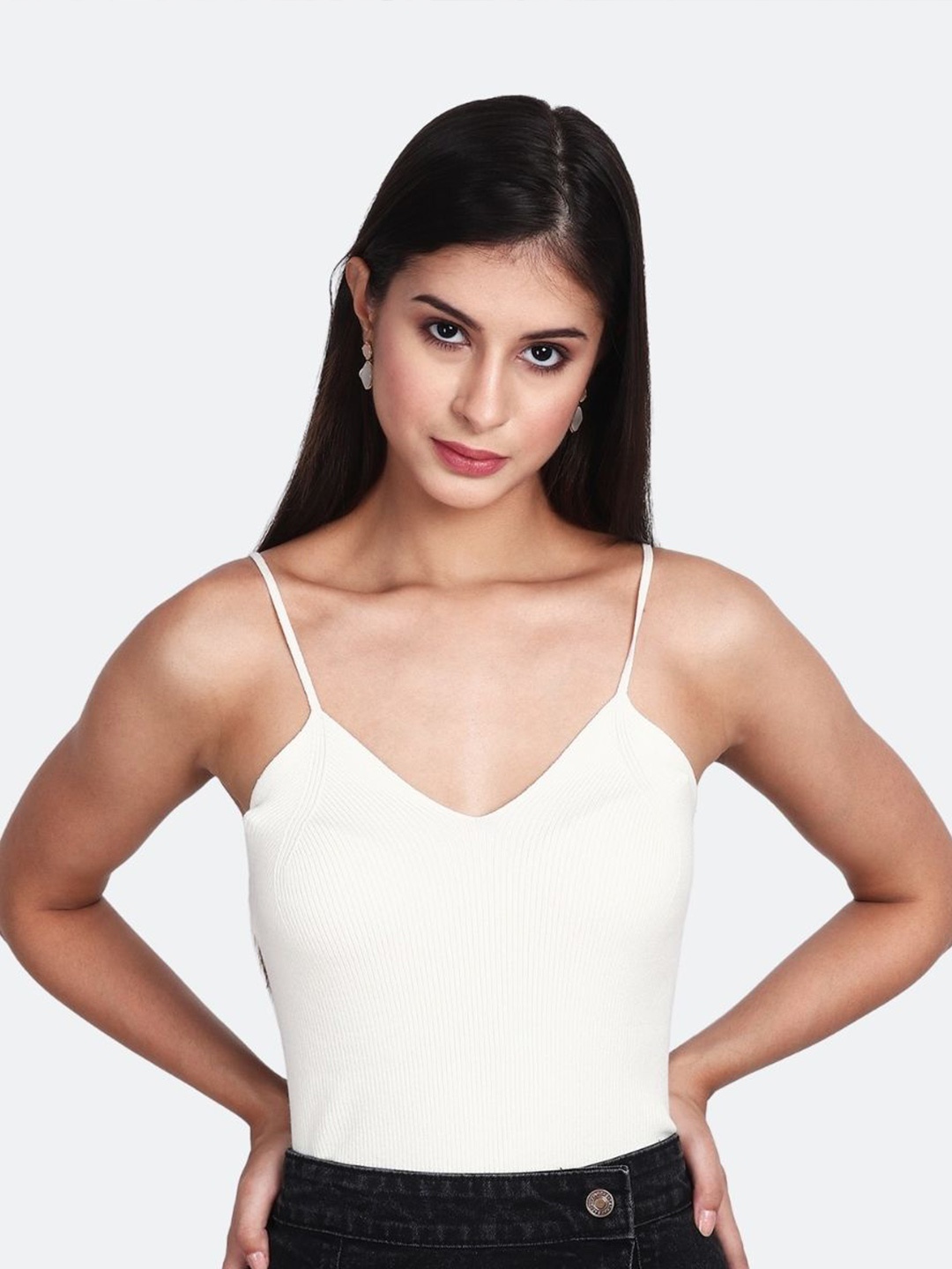 

TOM & GEE Solid Ribbed Sleeveless Cotton Strappy Top, White