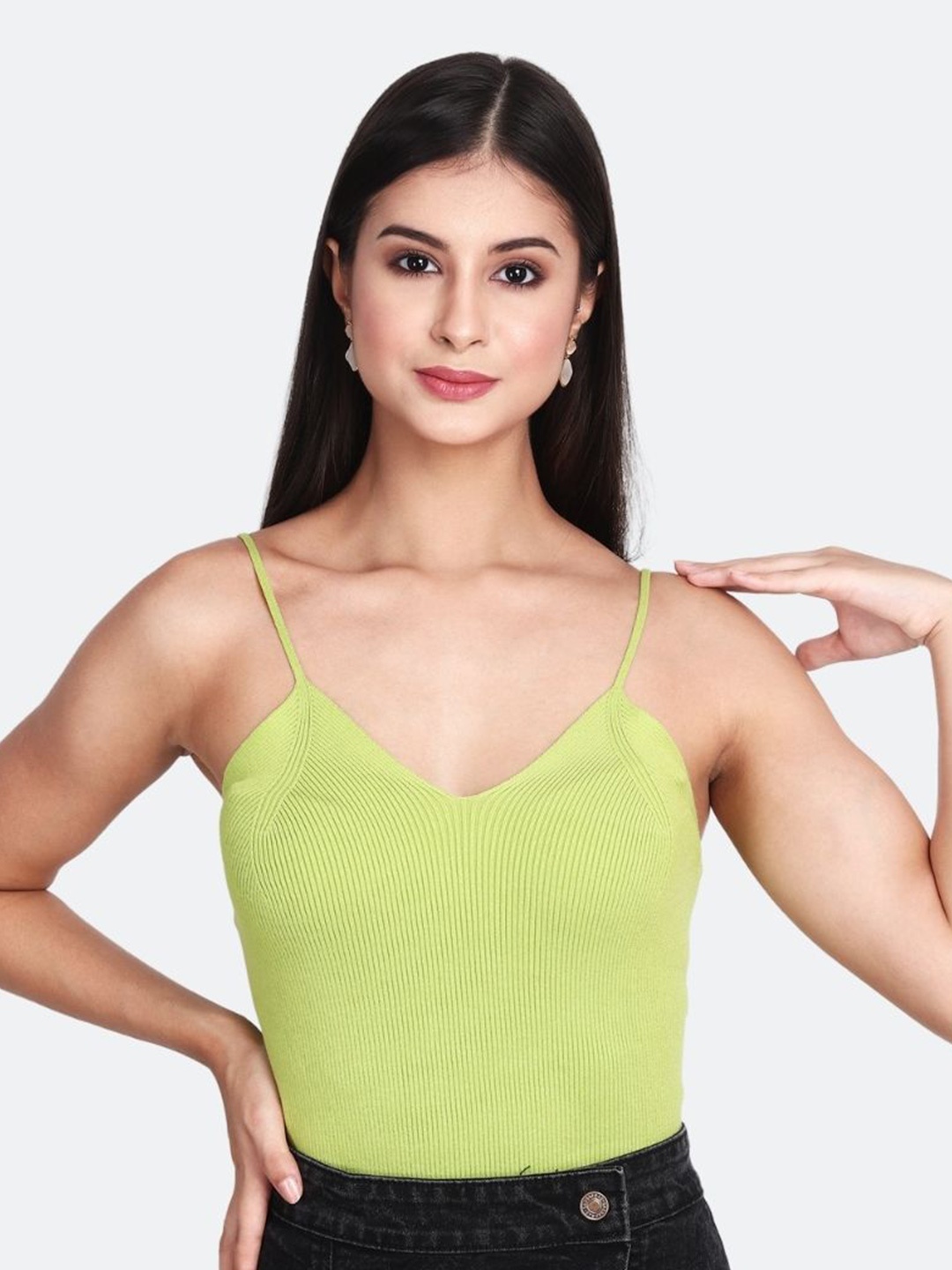 

TOM & GEE Solid Ribbed Sleeveless Cotton Strappy Top, Lime green