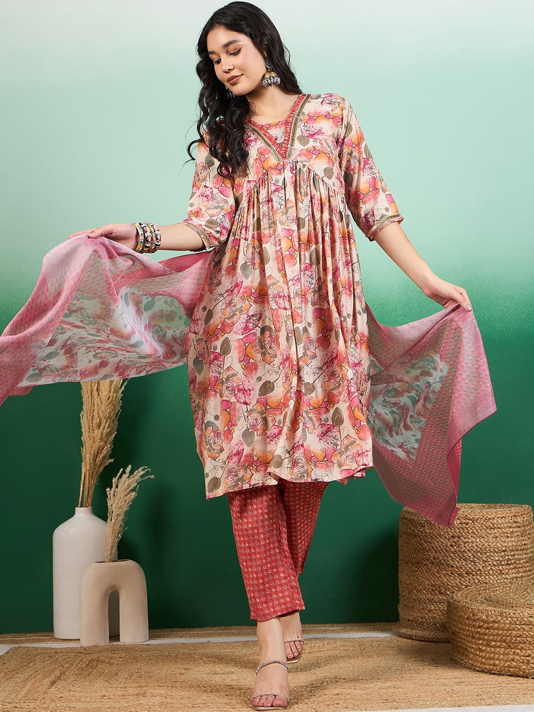 

Sangria Orange Floral Printed A-Line Kurta With Trouser & Dupatta