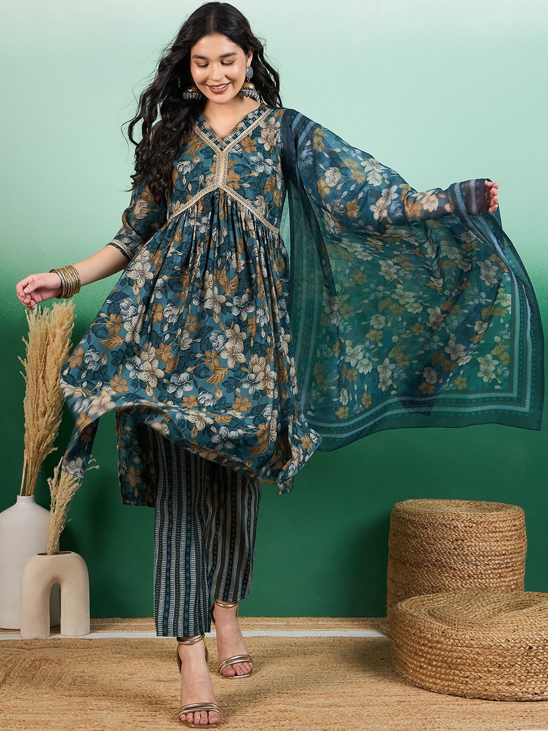 

Sangria Blue & Brown Floral Printed Pleated A-Line Kurta With Trouser & Dupatta