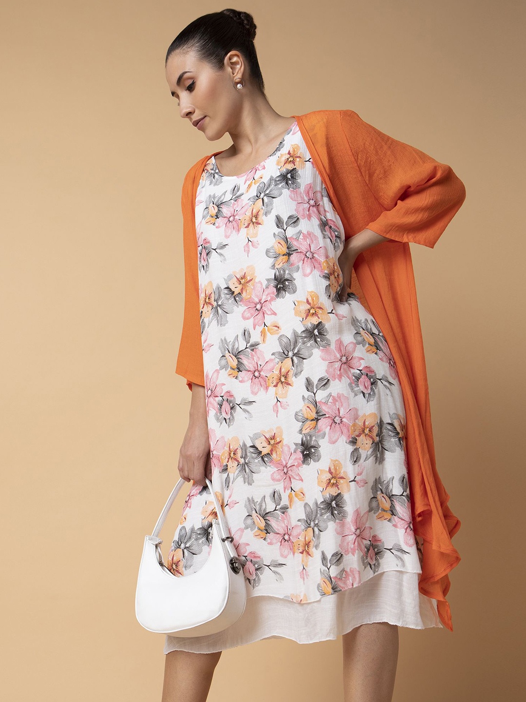 

SHOWOFF Floral Print A-Line Dress with shrug, Orange