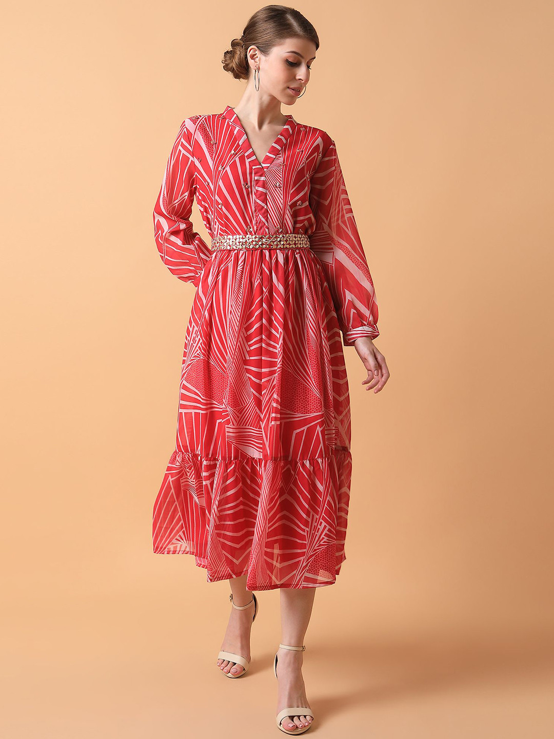 

SHOWOFF Abstract Print Georgette A-Line Midi Dress, Red