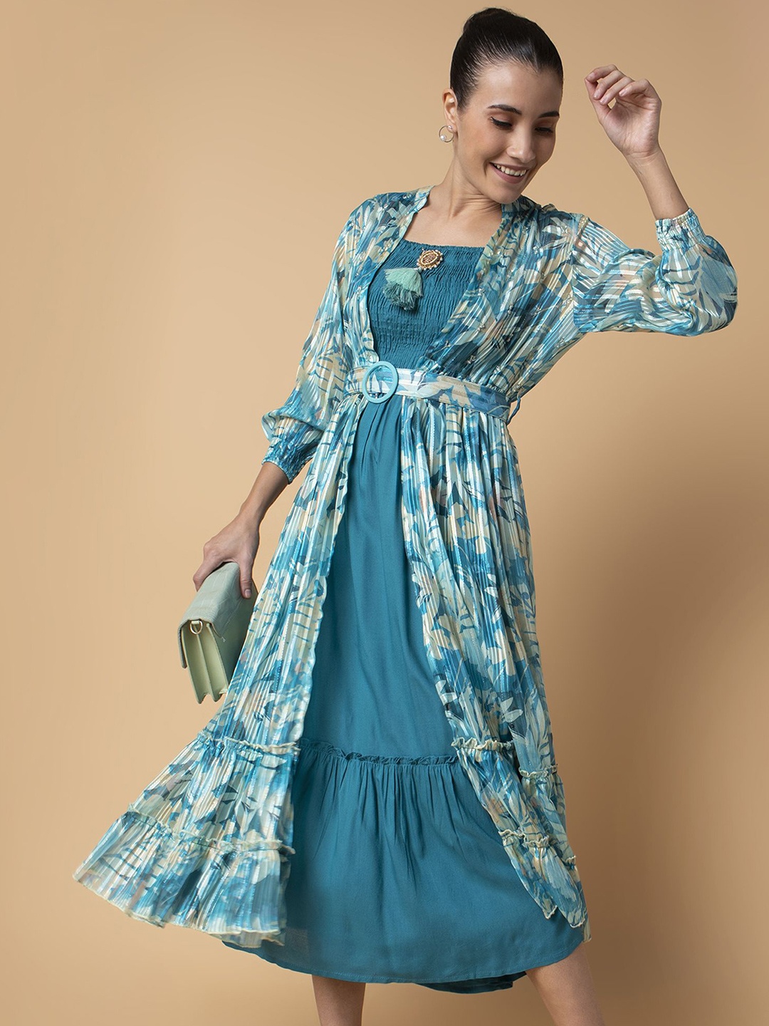 

SHOWOFF Floral Print A-Line Midi Dress with Shrug and Belt, Turquoise blue