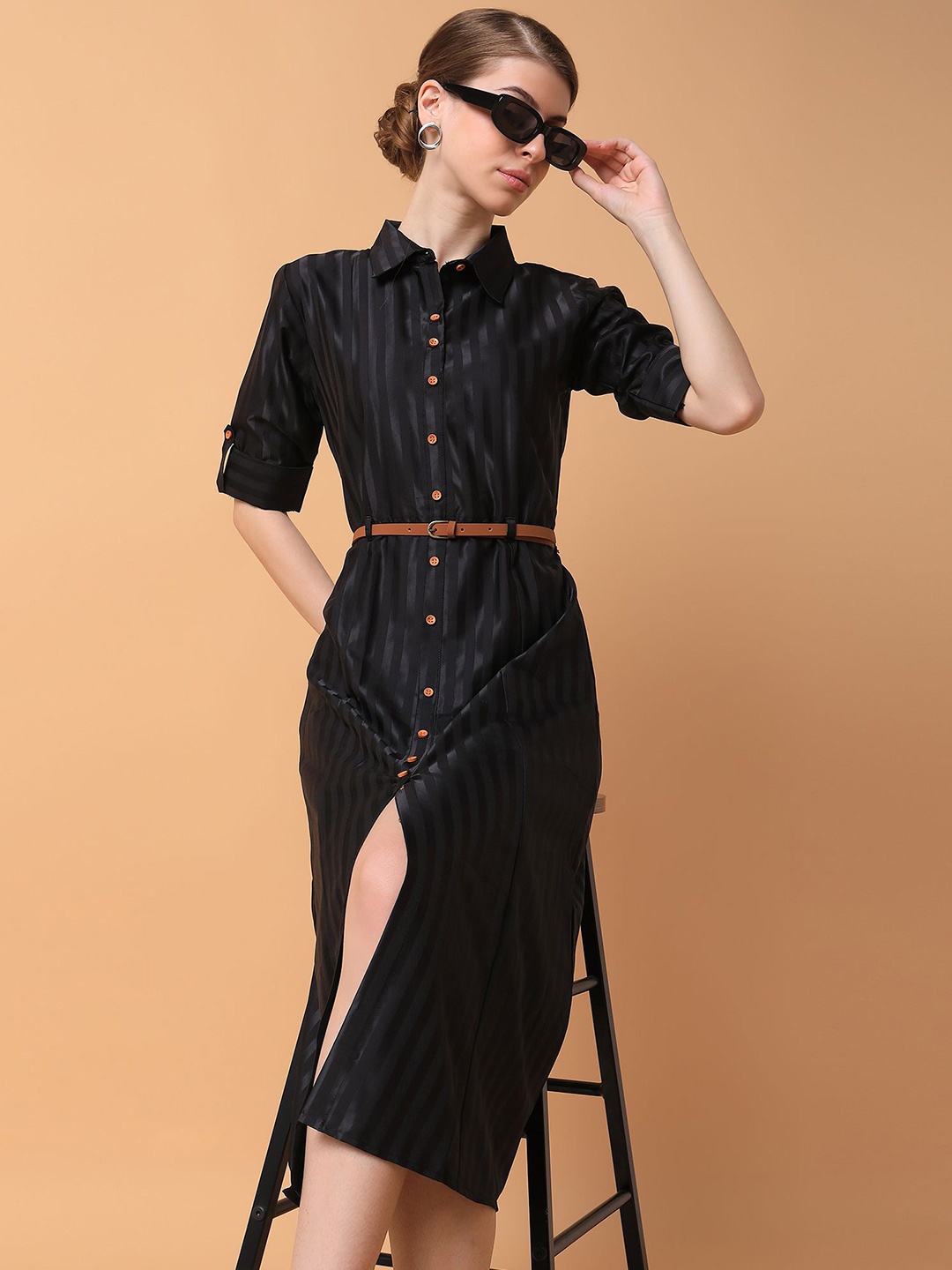 

SHOWOFF Roll-Up Sleeves Shirt Midi Dress, Black