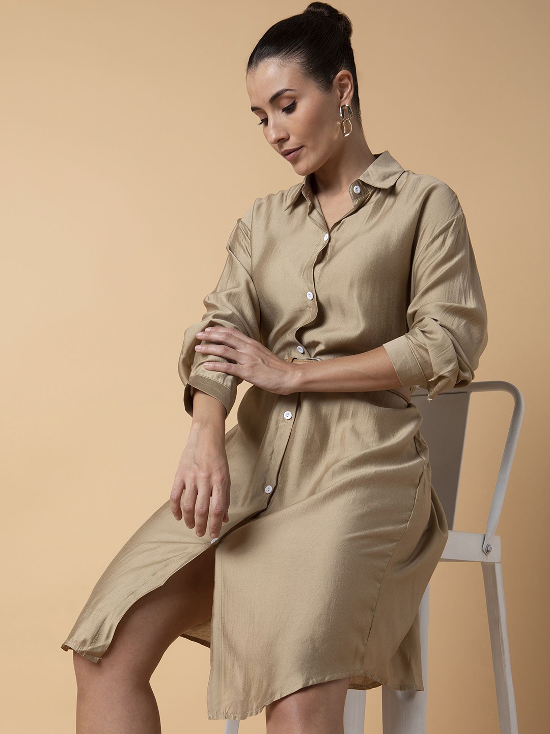 

SHOWOFF Cuffed Sleeves Shirt Dress, Beige