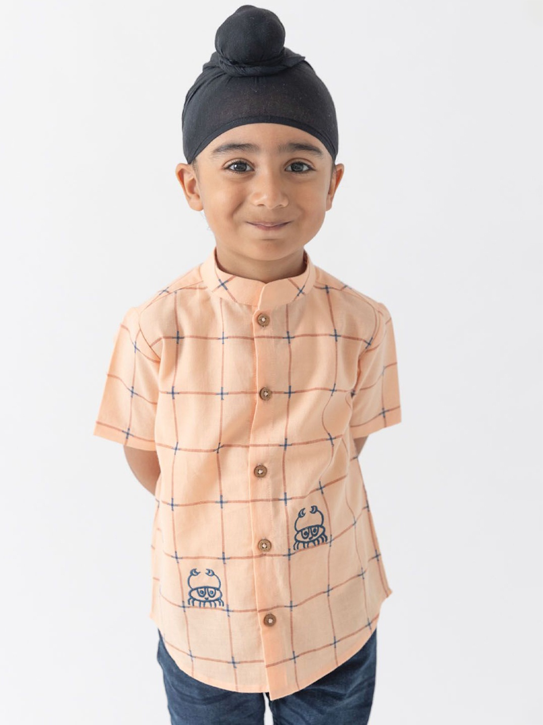 

Tiber Taber Boys Windowpane Checks Opaque Checked Casual Shirt, Peach