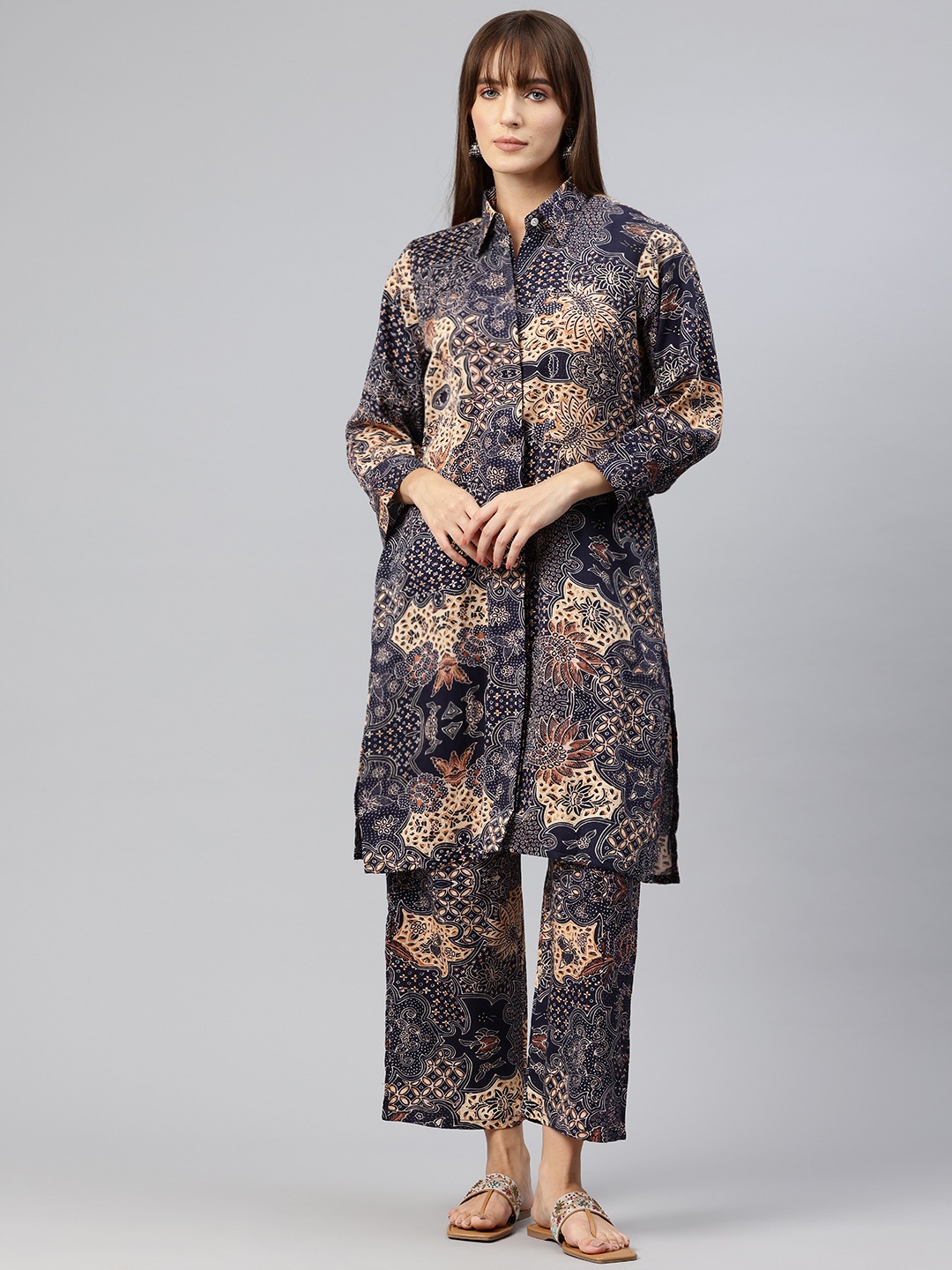 

BUTA BUTI Women Palash Ajarak Printed Kurta & Trousers Set, Blue