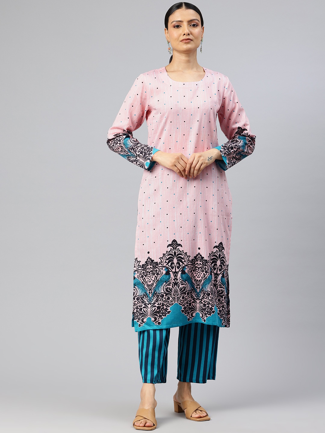 

BUTA BUTI Women Mor Pakshi Printed Kurta & Trousers Set, Pink