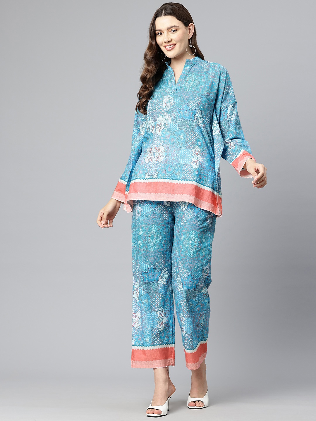 

BUTA BUTI Jalajh Ajarak Printed Mandarin Collar Pure Cotton Kaftan Tunic With Trouser, Blue