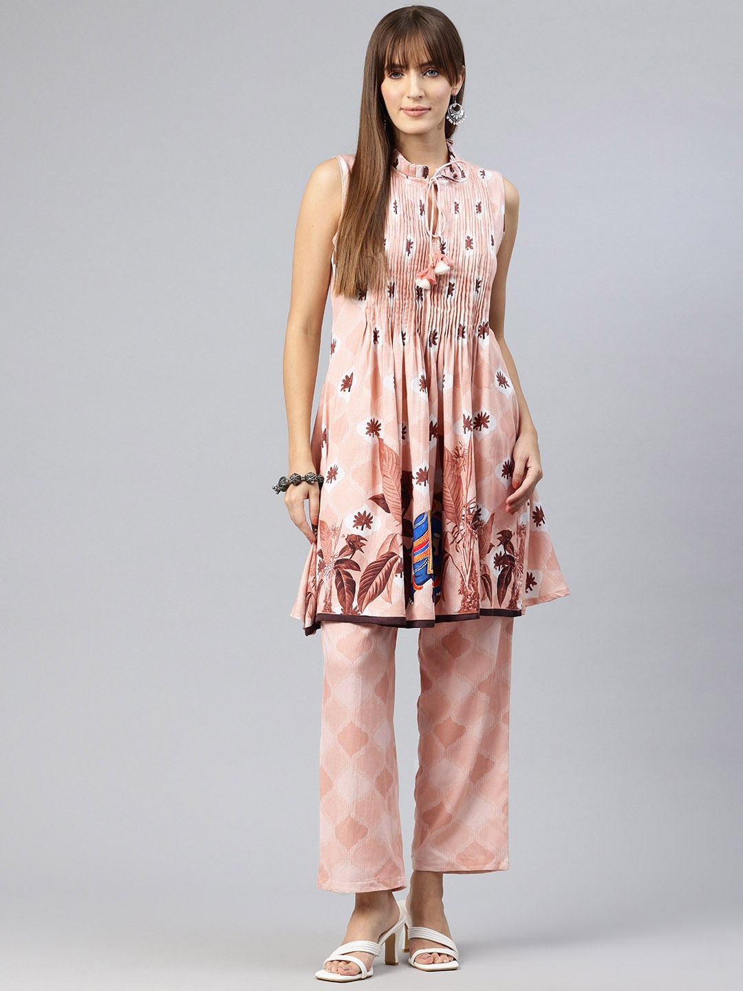 

BUTA BUTI Floral Printed Pleated Pure Cotton Kurta With Trousers, Mauve