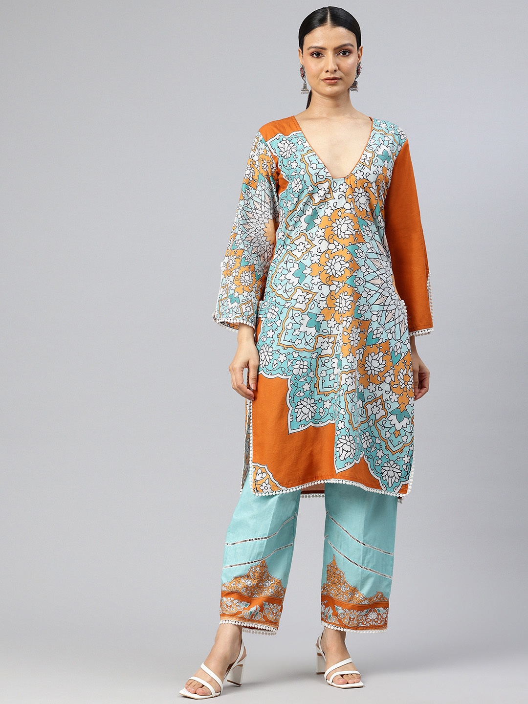 

BUTA BUTI Floral Printed Pure Cotton Kurta With Palazzos, Blue