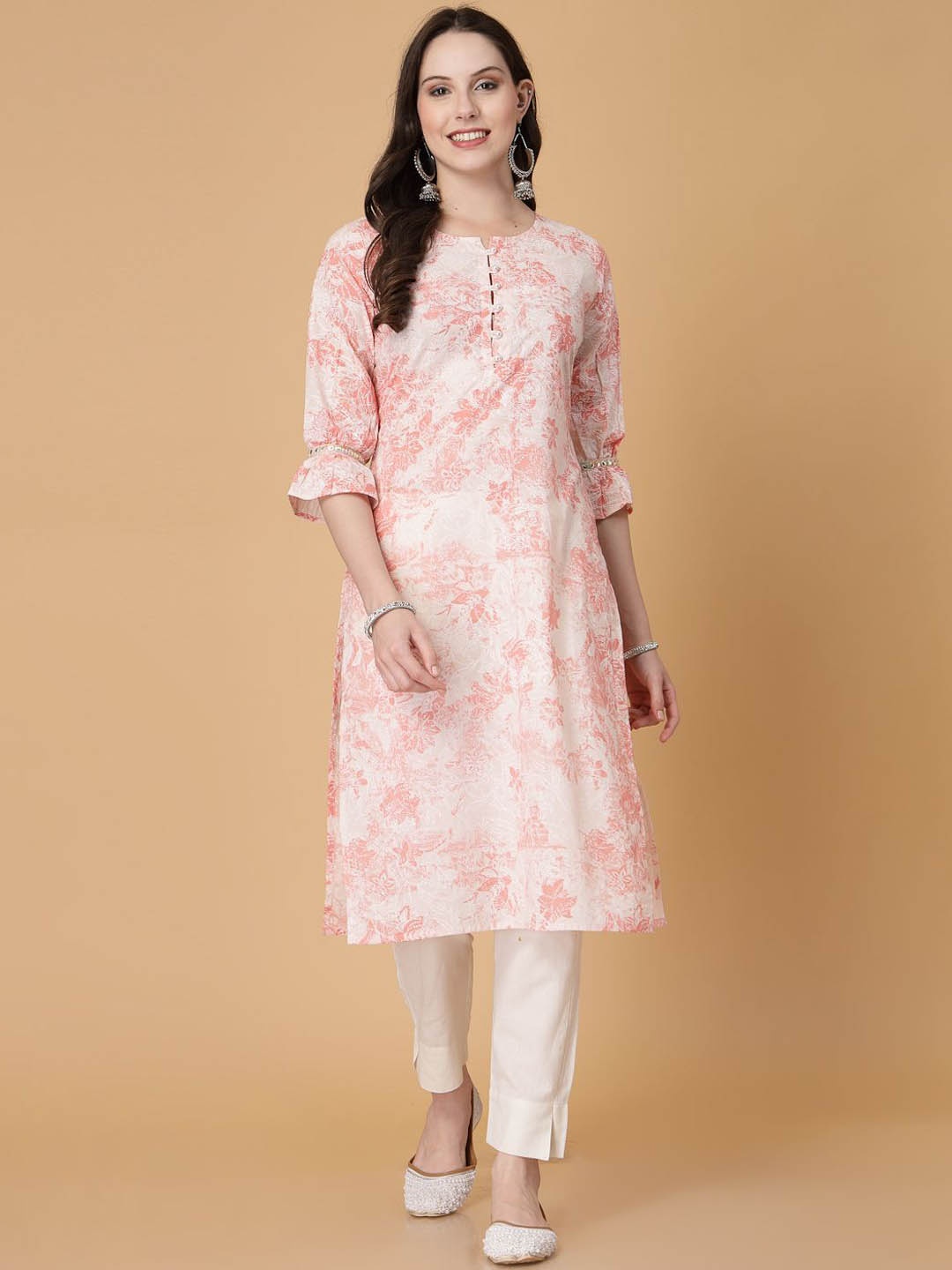

God Bless Floral Printed Round Neck Cotton Straight Kurta, Peach