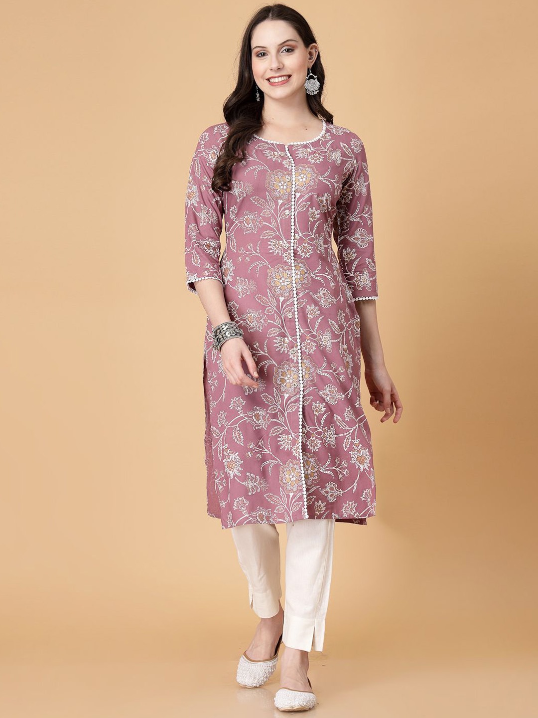 

God Bless Floral Printed Straight Kurta, Purple