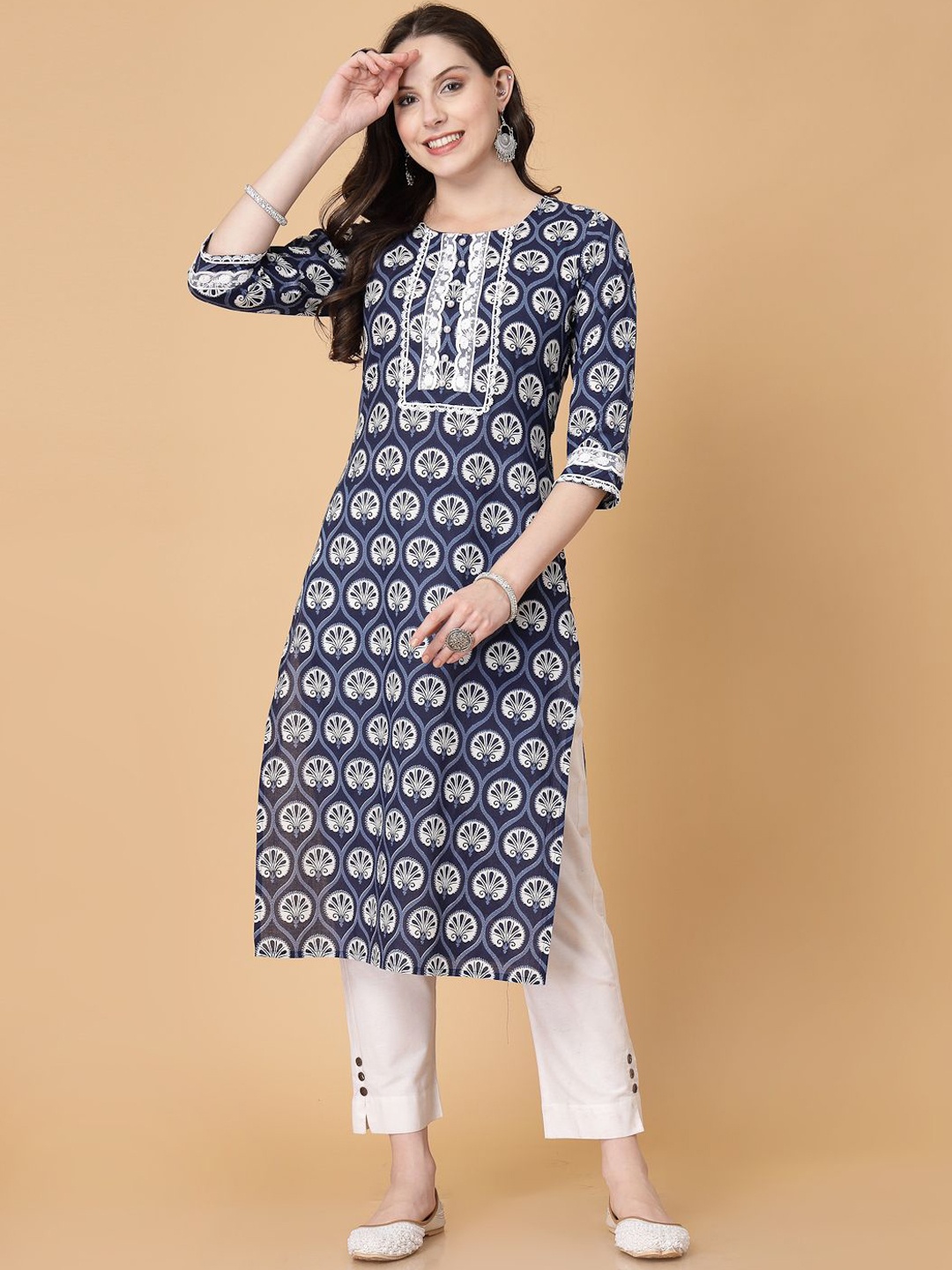 

God Bless Ethnic Motifs Printed Round Neck Thread Work Cotton Straight Kurta, Blue