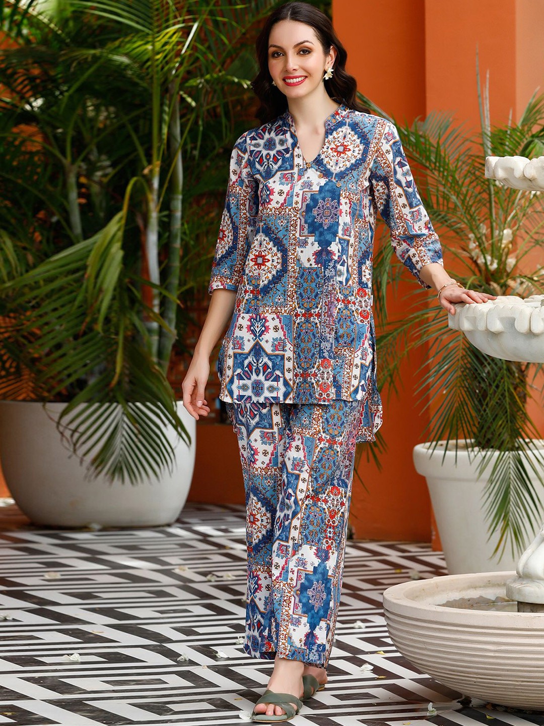 

JISORA Blue Printed Pure Cotton Top With Trousers