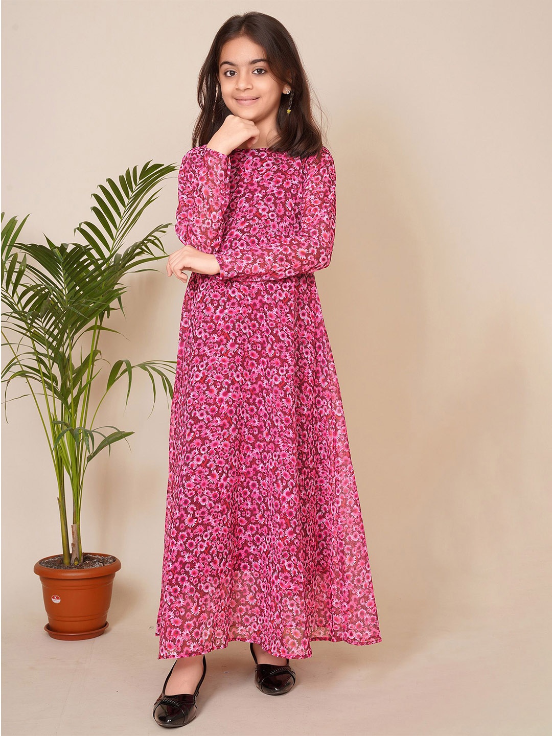 Kedar Fab Girls Floral Print Maxi Dress, Red