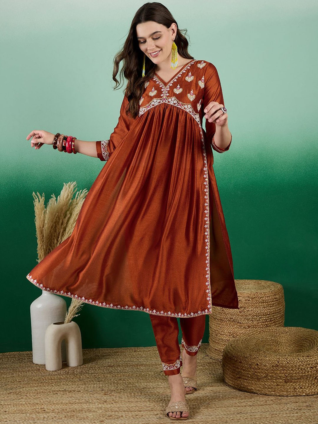 

Sangria Rust Embroidered High Slit A-Line Kurta With Trouser