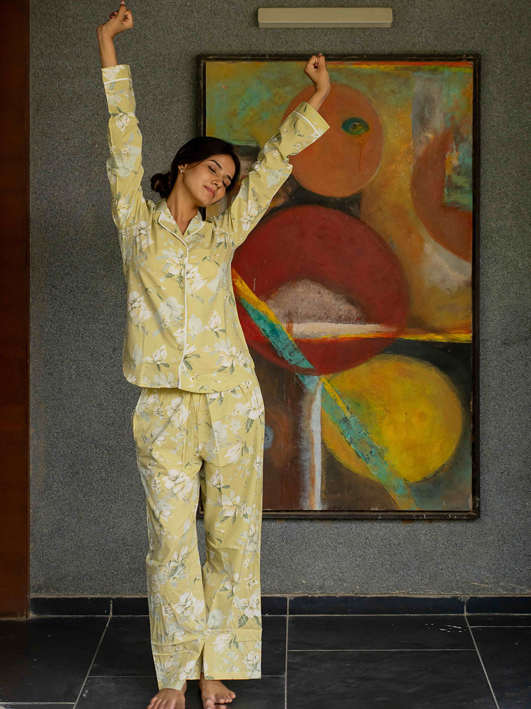 

MIRCHI FASHION Floral Printed Pure Cotton Shirt With Pyjama, Mustard