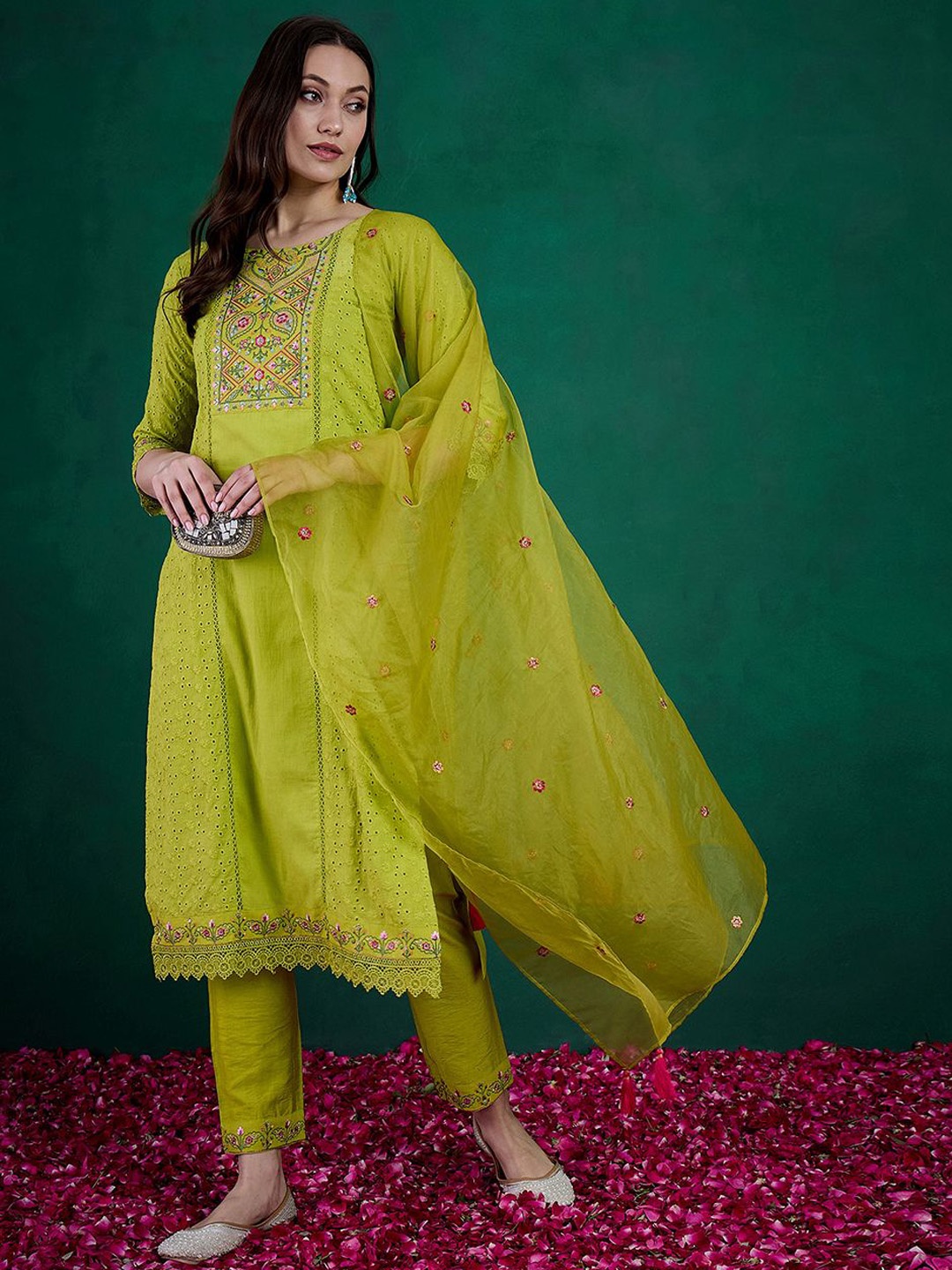 

Sangria Lime Green Floral Embroidered Straight Kurta With Trouser & Dupatta