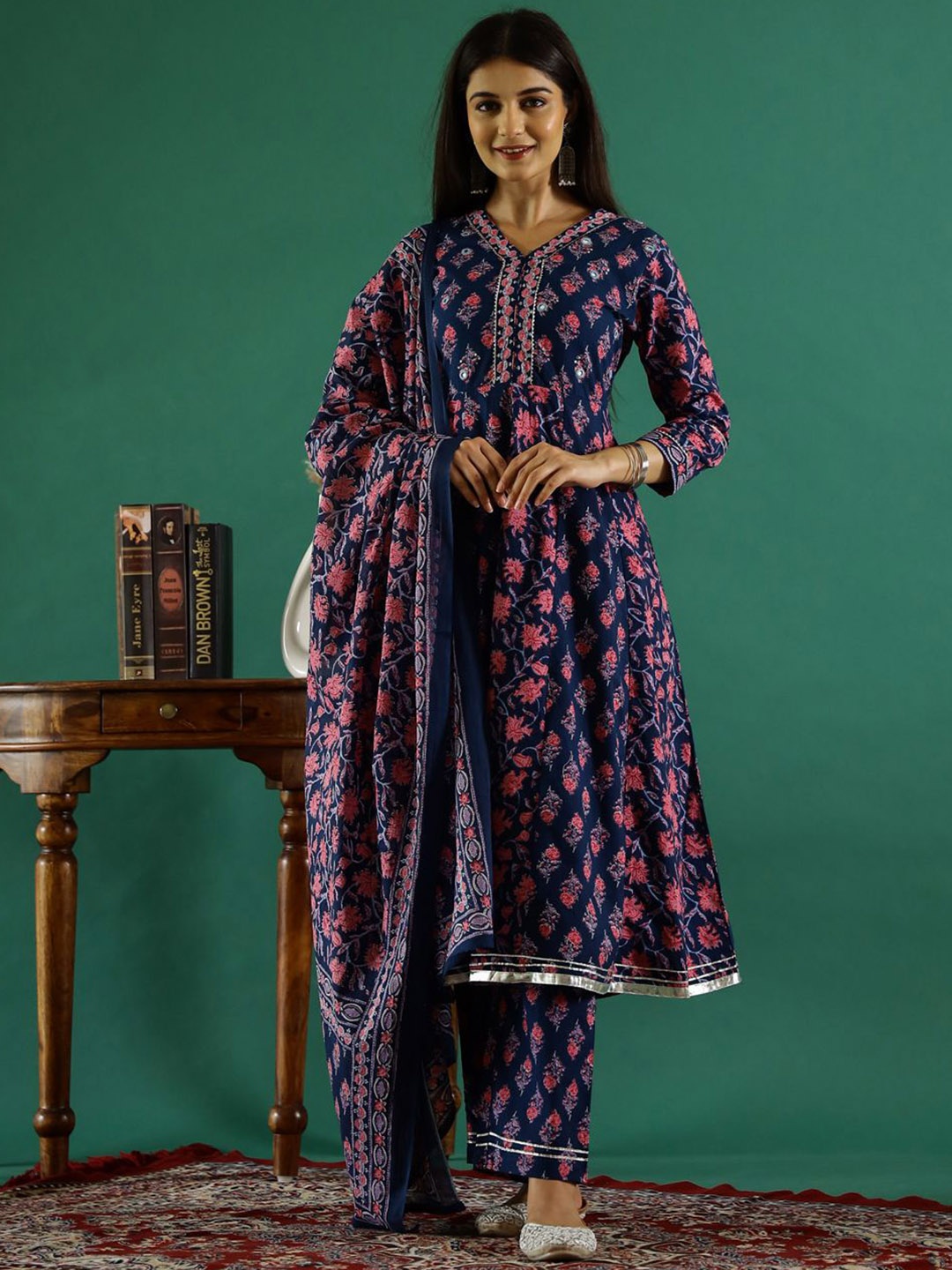 

Sangria Floral Printed V-Neck Gotta Patti Pure Cotton A-Line Kurta With Trouser & Dupatta, Blue