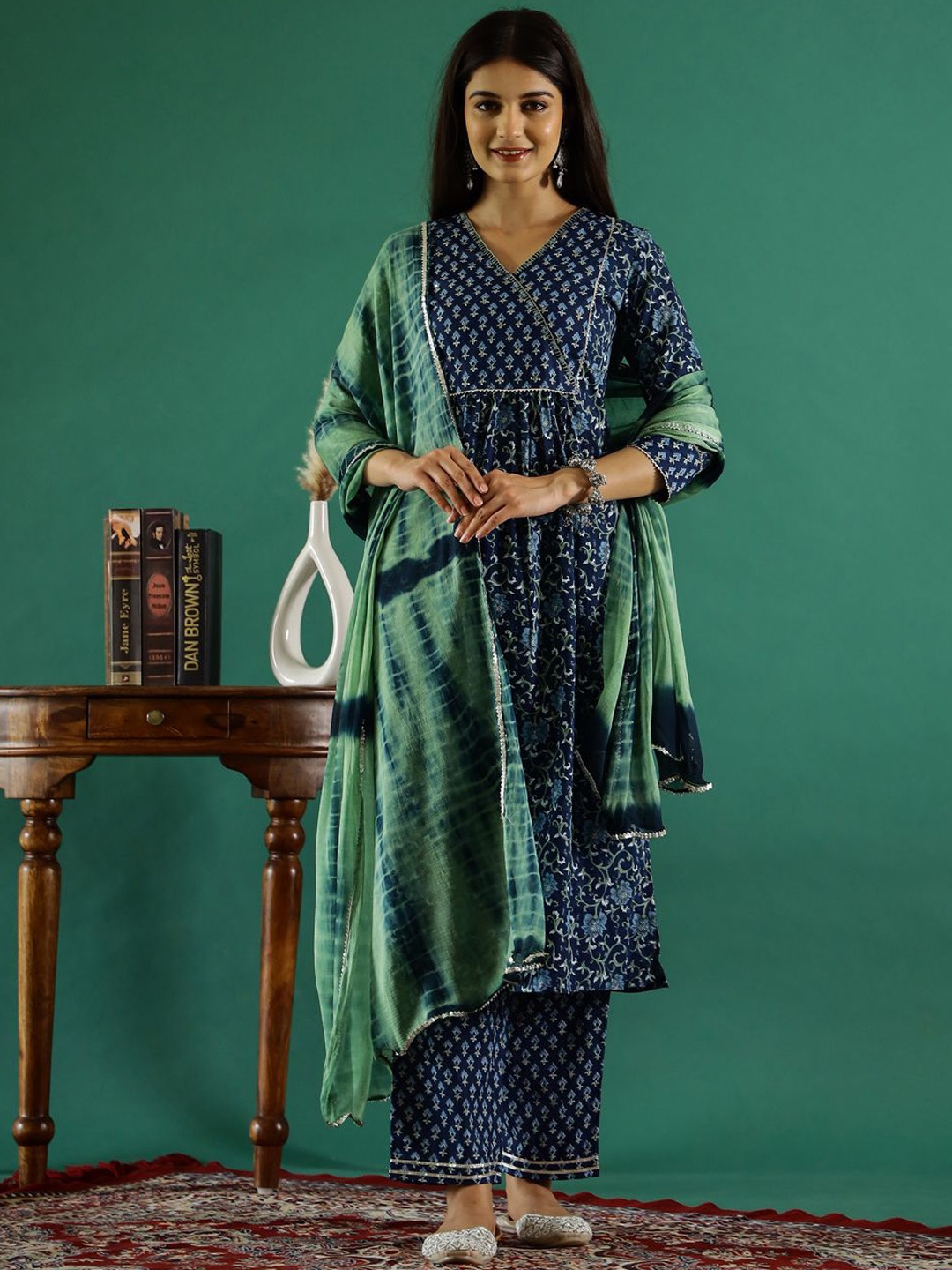 

Sangria Floral Printed Pure Cotton Gotta Patti Straight Kurta With Trouser & Dupatta, Navy blue