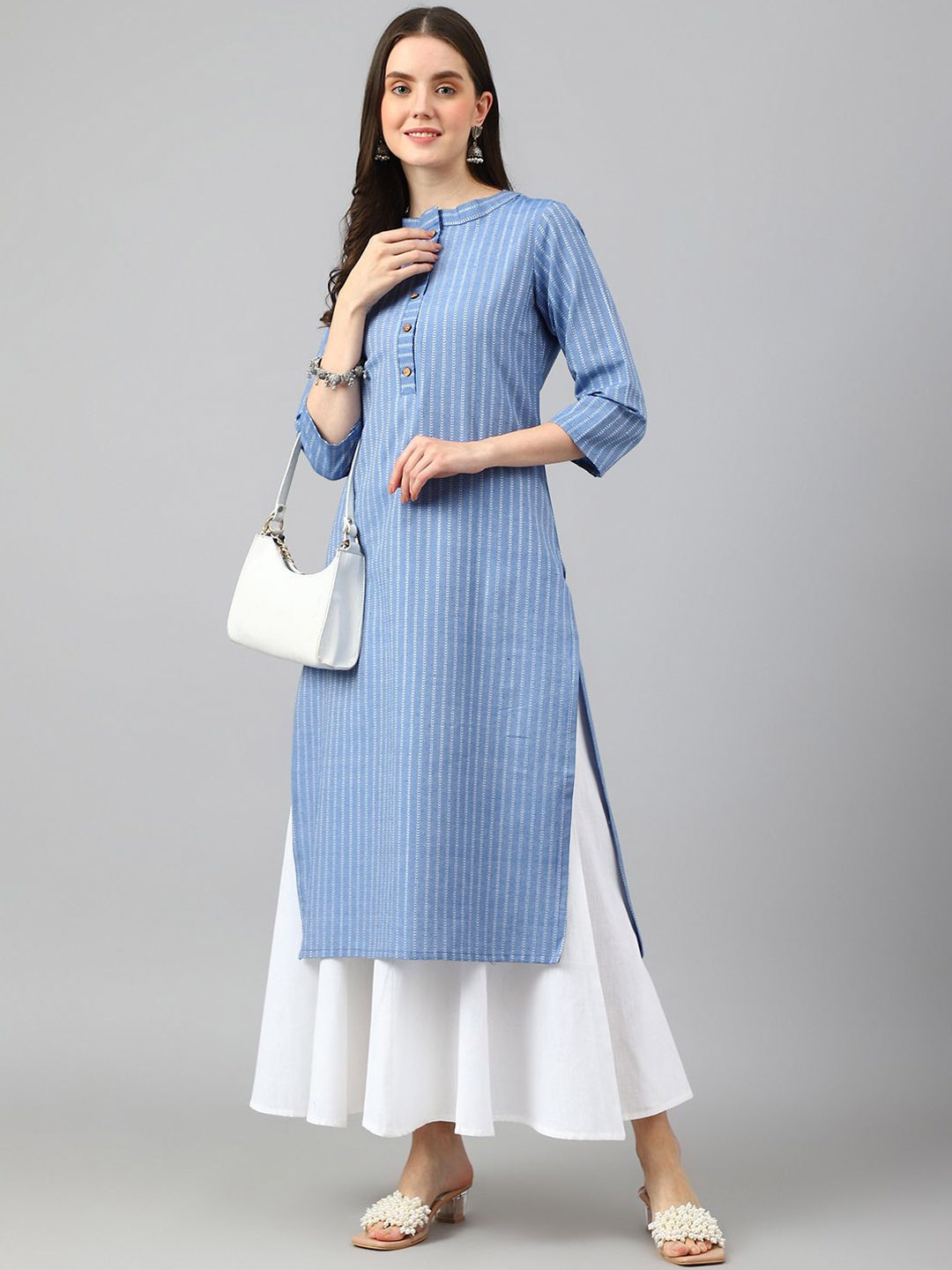 

KALINI Striped Thread Work Cotton Straight Kurta, Blue