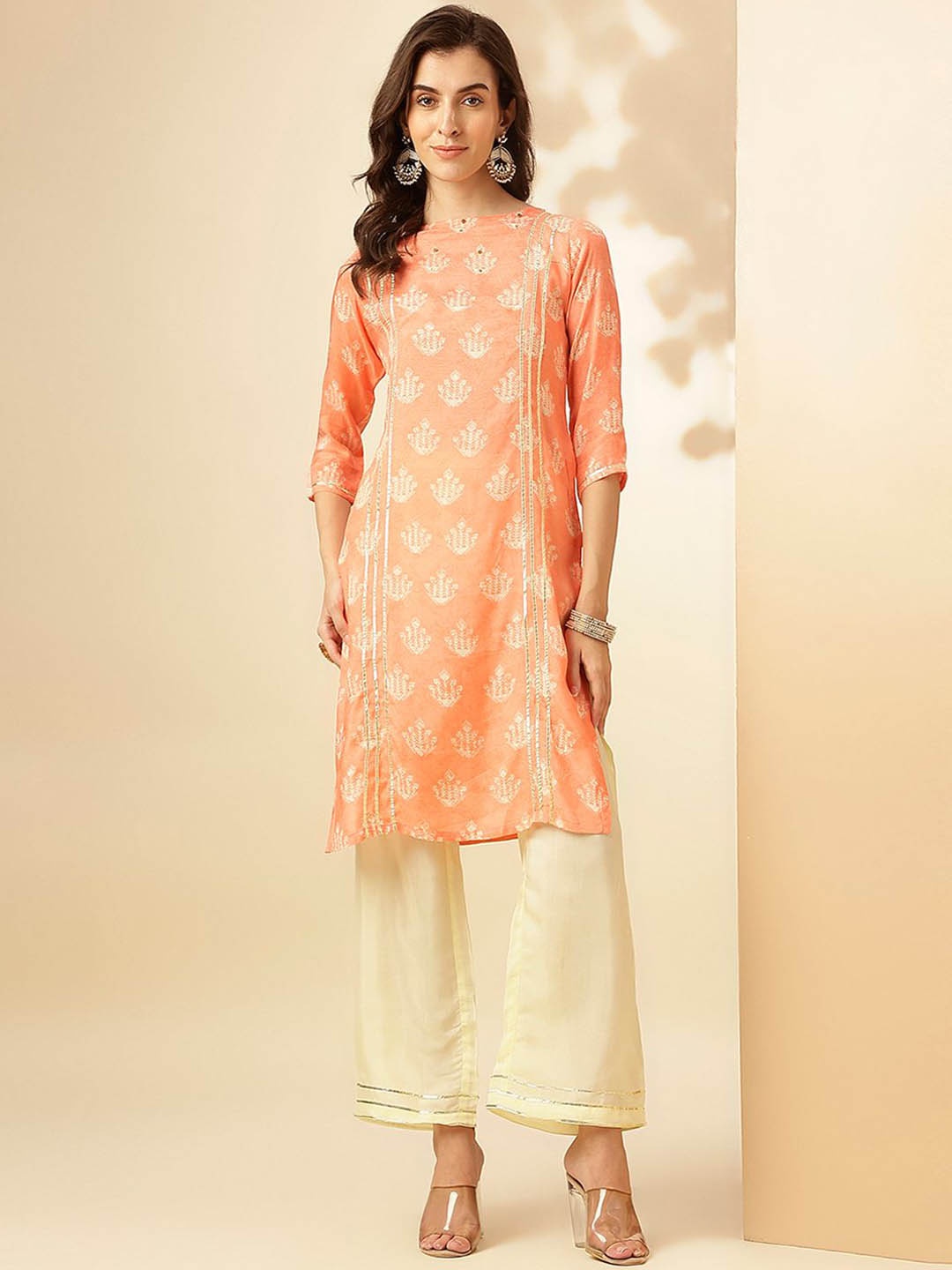 

Saanjh Ethnic Motifs Printed Boat Neck Gotta Patti Pure Cotton Kurta With Trousers, Orange