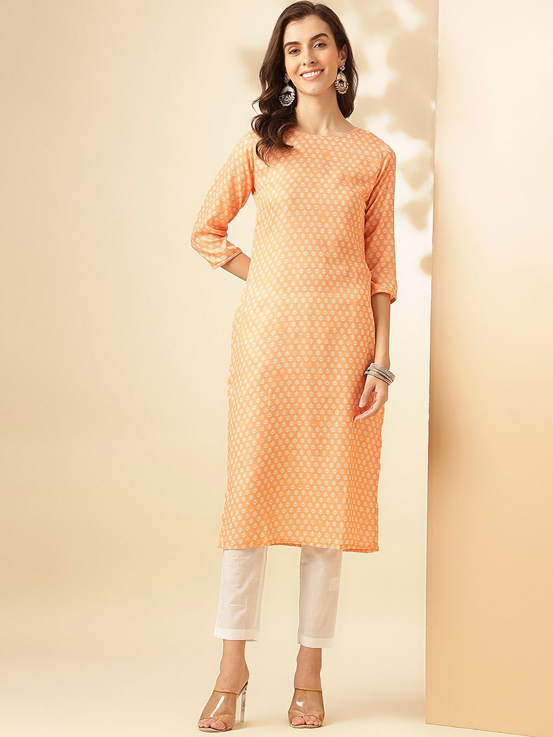 

Saanjh Floral Woven Design Regular Pure Cotton Kurta with Trousers, Peach