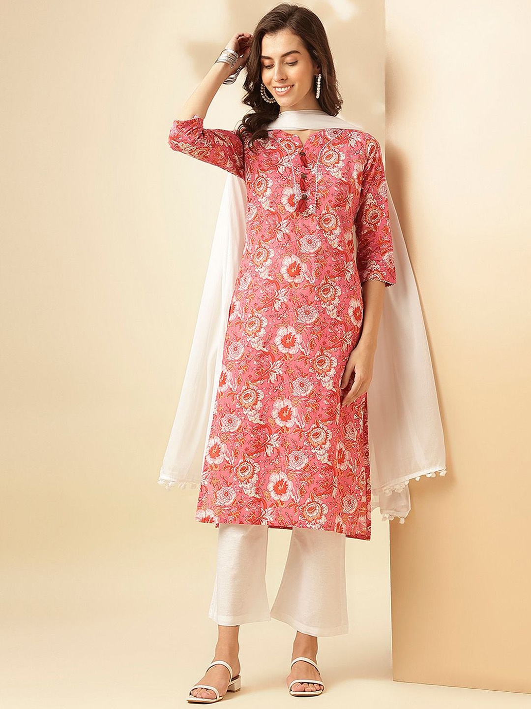 

Saanjh Floral Printed Pure Cotton Kurta With Trousers & Dupatta, Pink