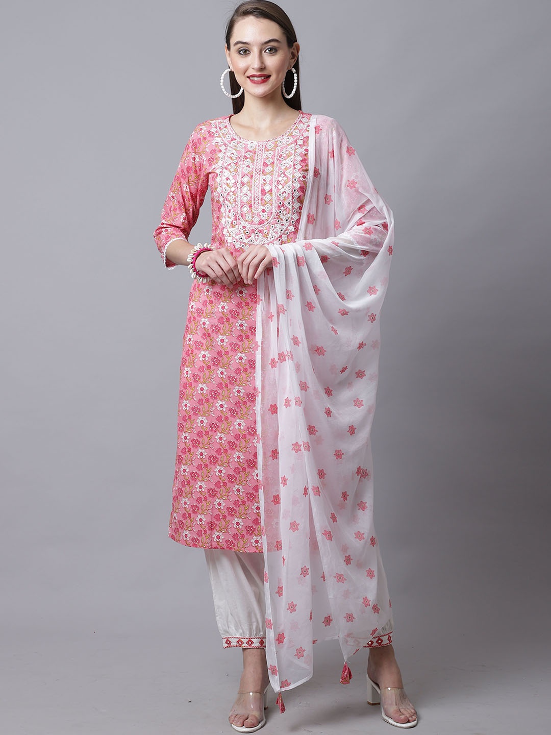 

KALINI Floral Embroidered Mirror Work Pure Cotton Straight Kurta With Trousers & Dupatta, Pink