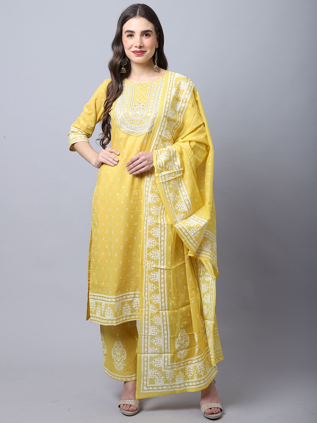 

KALINI Floral Printed Regular Gotta Patti Pure Cotton Kurta with Trousers & With Dupatta, Mustard