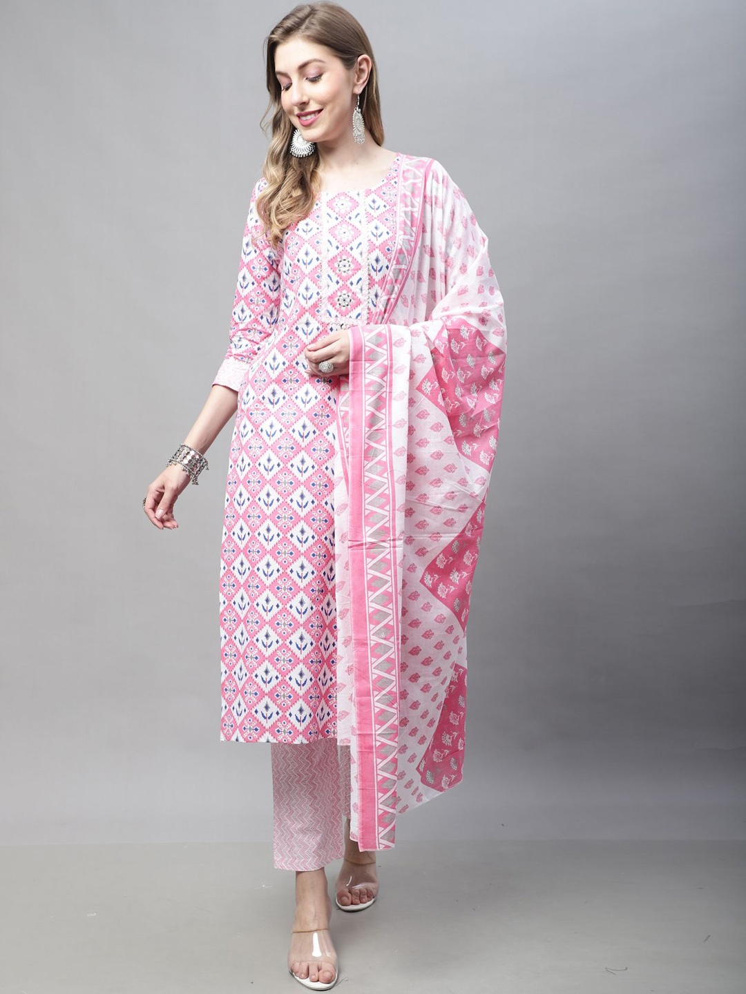 

KALINI Floral Printed Regular Gotta Patti Pure Cotton Kurta with Trousers & Dupatta, Pink