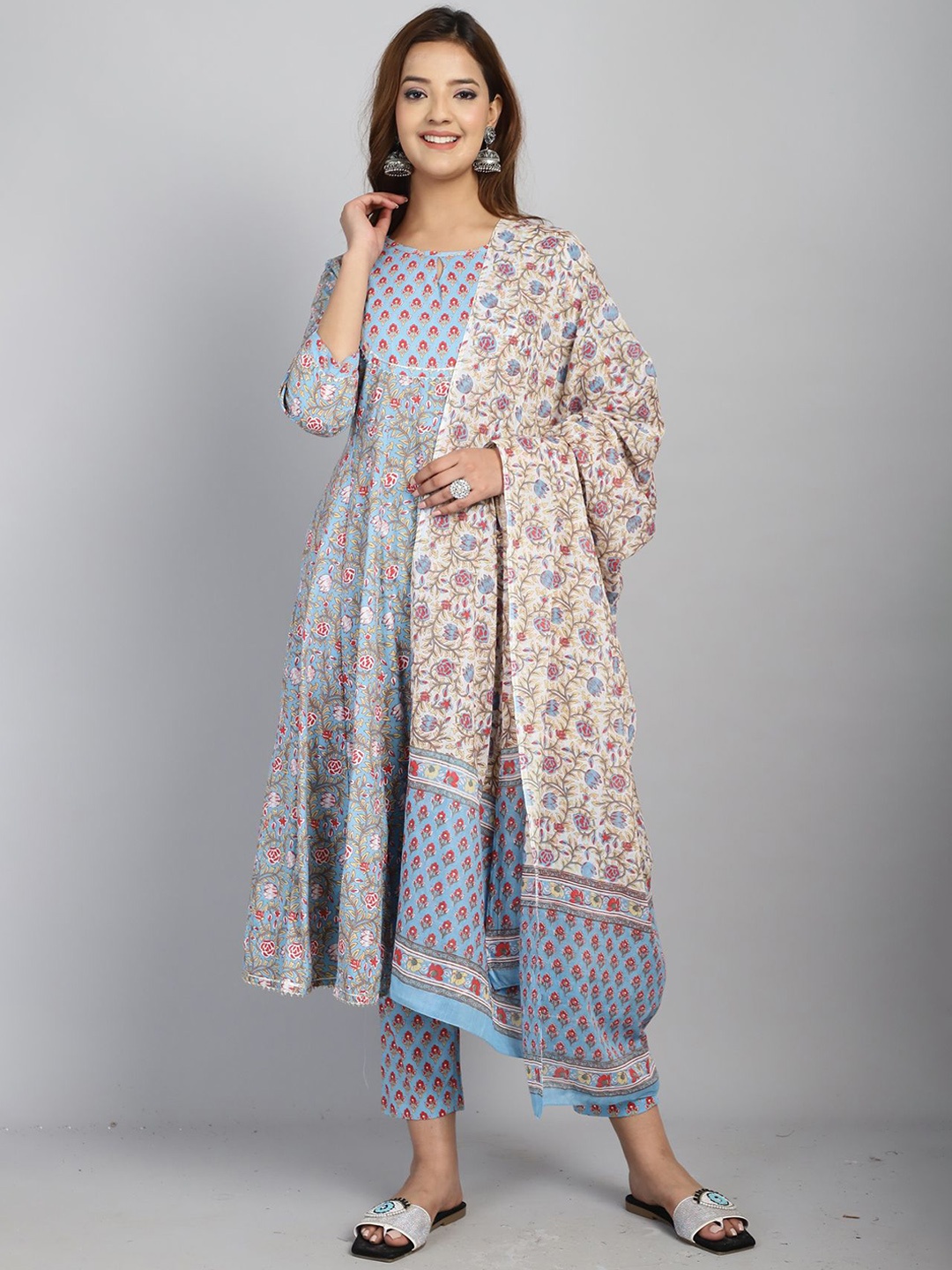 

KALINI Floral Printed Pure Cotton Anarkali Kurta With Trouser & Dupatta, Blue