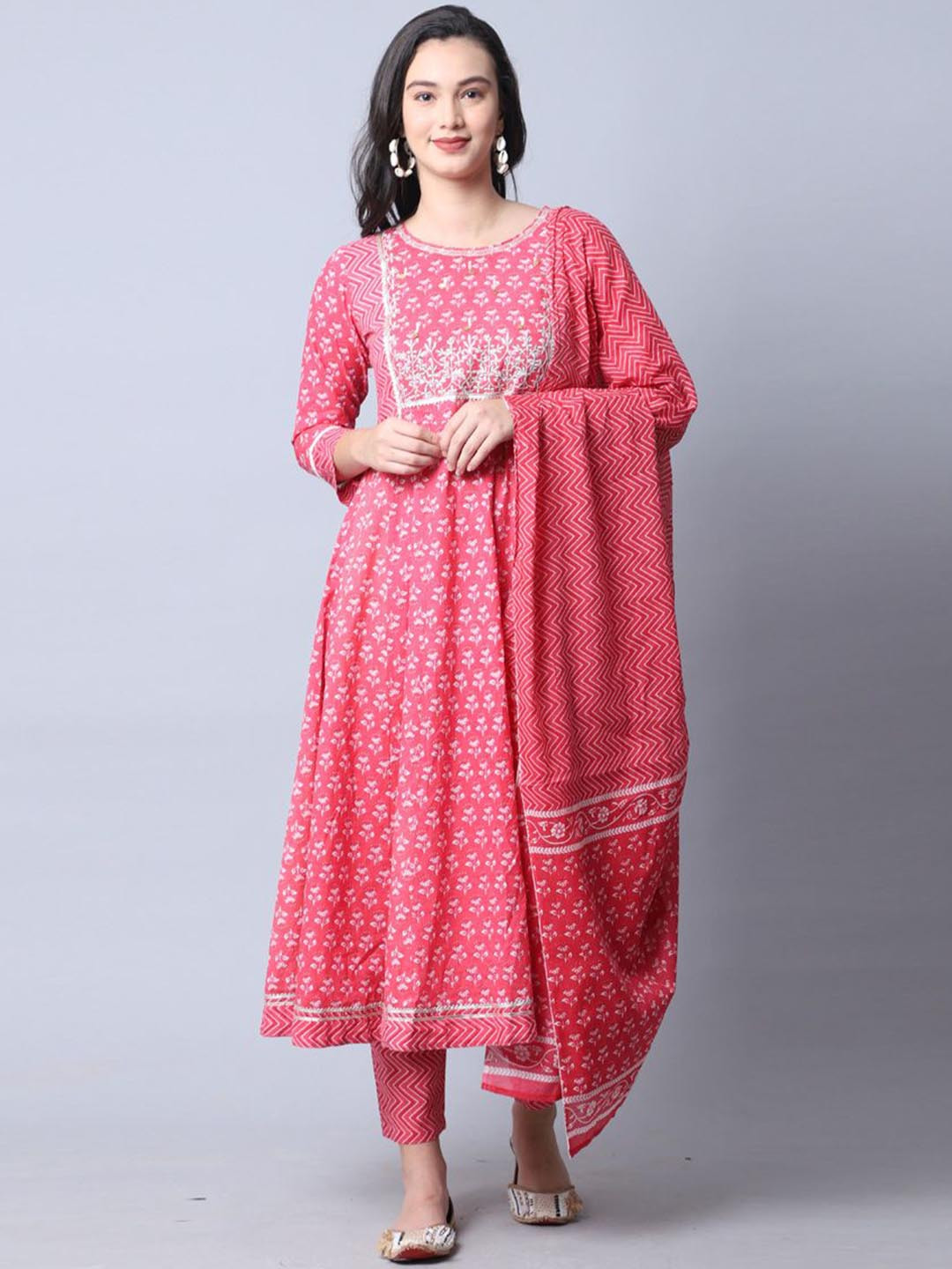 

KALINI Floral Printed Pure Cotton A-Line Kurta With Trouser & Dupatta, Pink