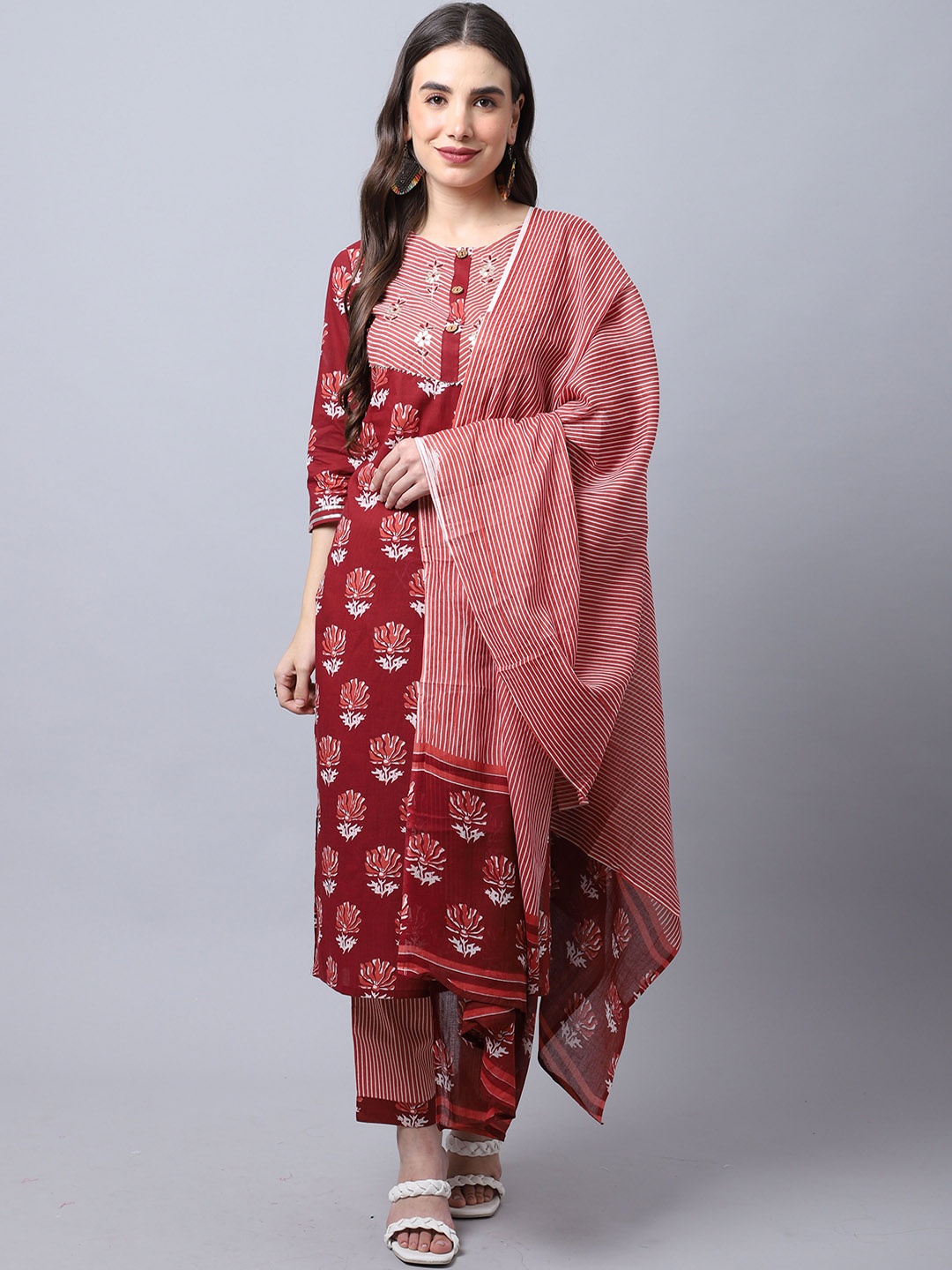 

KALINI Floral Printed Regular Pure Cotton Kurti with Trousers & With Dupatta, Maroon