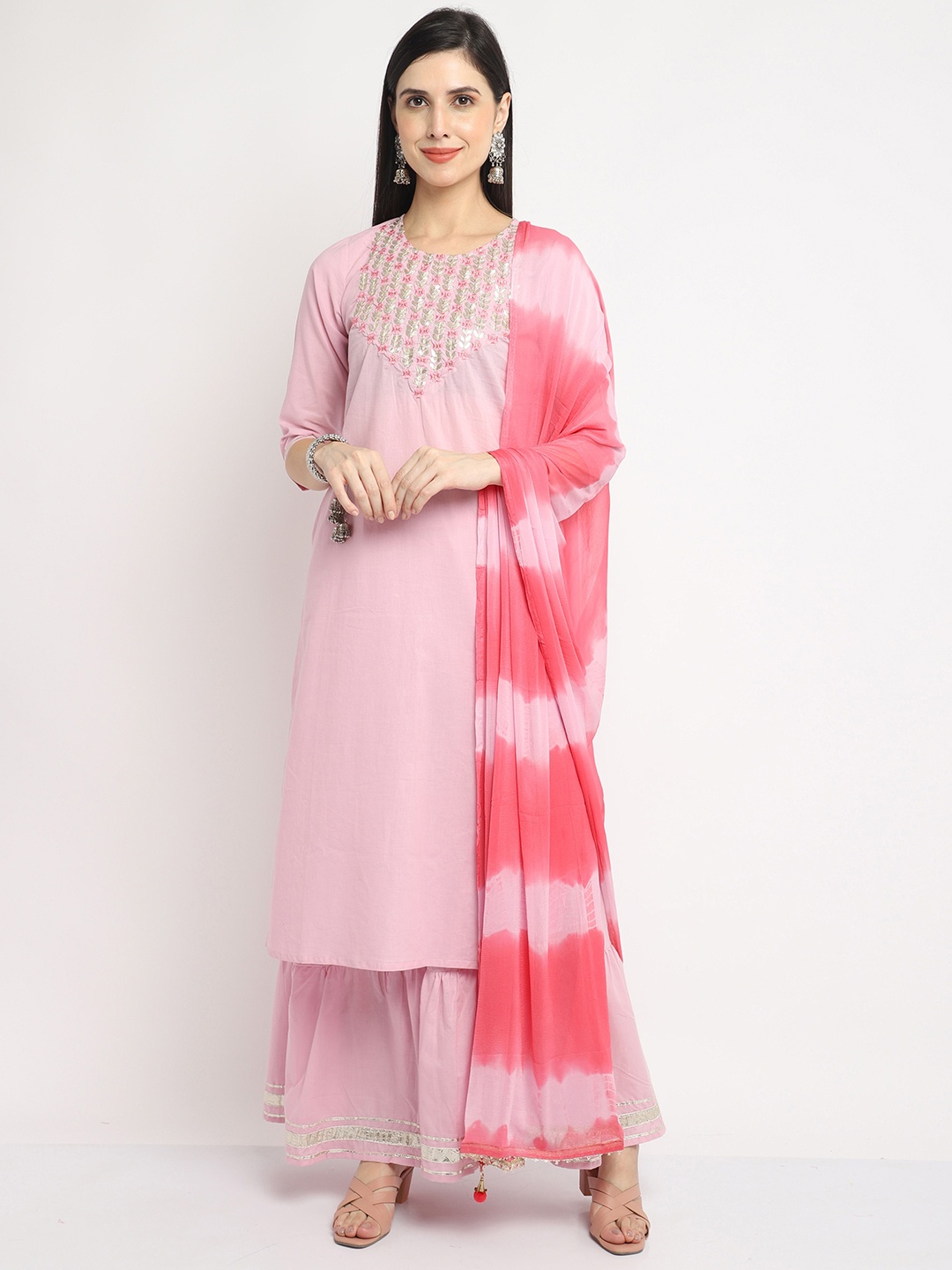 

KALINI Floral Embroidered Regular Thread Work Pure Cotton Straight Kurta Set, Pink
