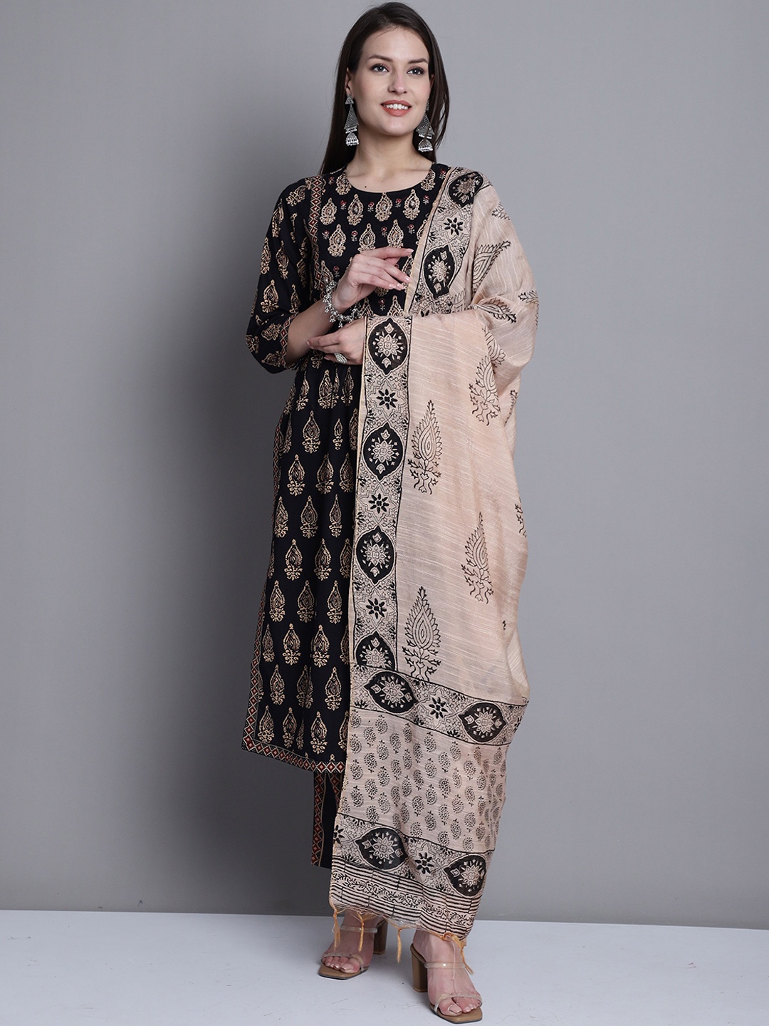 

KALINI Floral Printed Regular Sequinned Pure Cotton Straight Kurta Set, Black