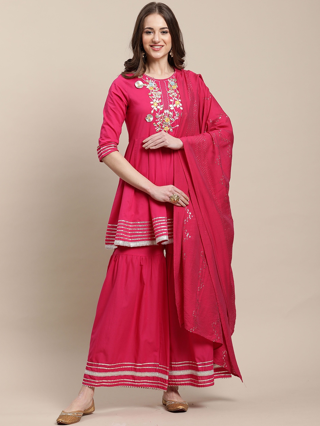 

KALINI Floral Embroidered Regular Pure Cotton Kurti with Palazzos & With Dupatta, Magenta