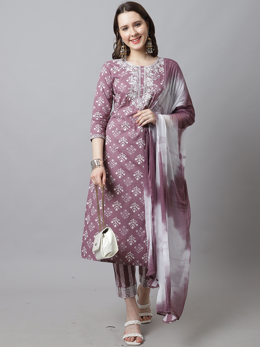 

KALINI Floral Embroidered Regular Pure Cotton Kurta with Trousers & Dupatta, Purple