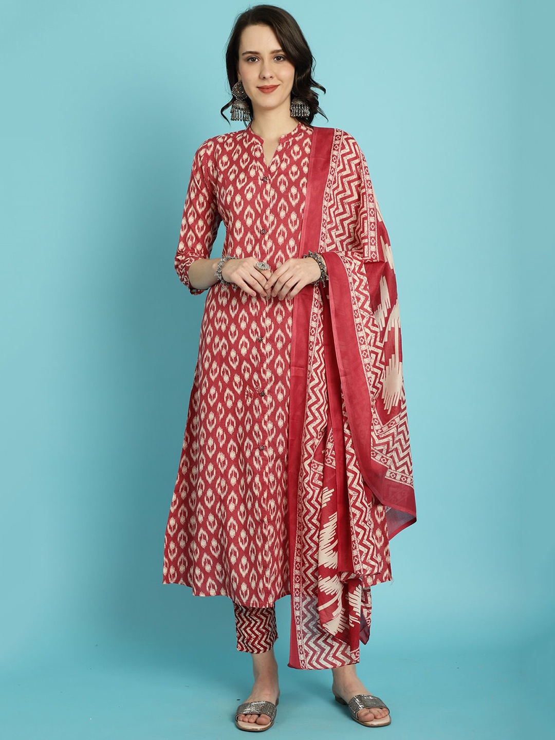 

KALINI Ethnic Motifs Printed A-Line Pure Cotton Kurta with Trousers & Dupatta, Maroon