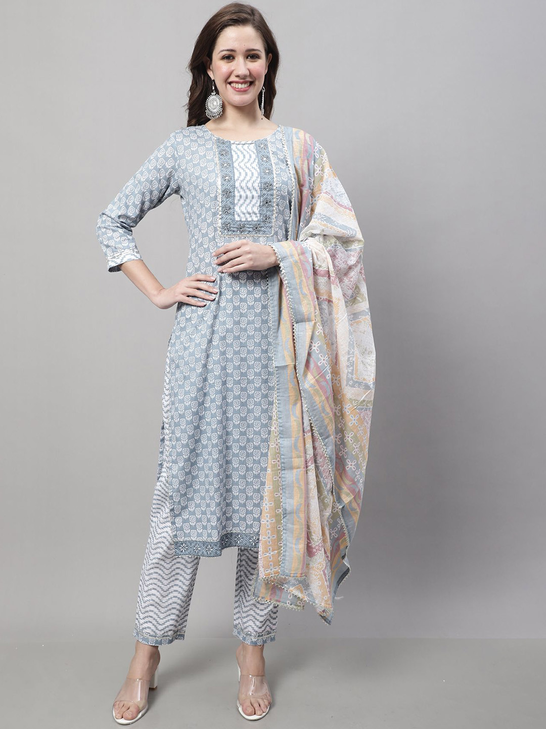 

KALINI Floral Printed Regular Gotta Patti Pure Cotton Kurta with Trousers & With Dupatta, Grey