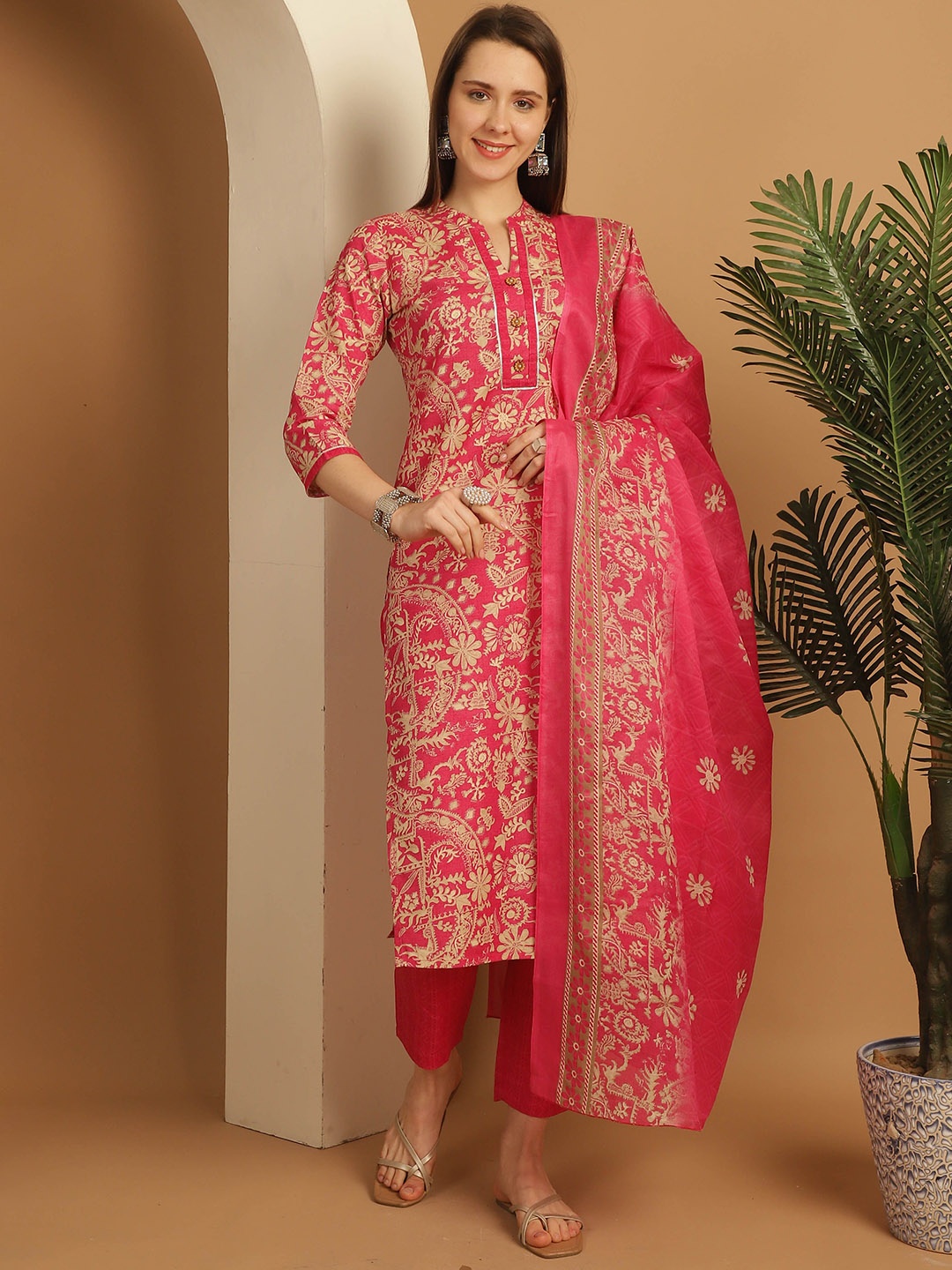 

KALINI Floral Printed Regular Mandarin Collar Straight Kurta With Trousers & Dupatta, Pink