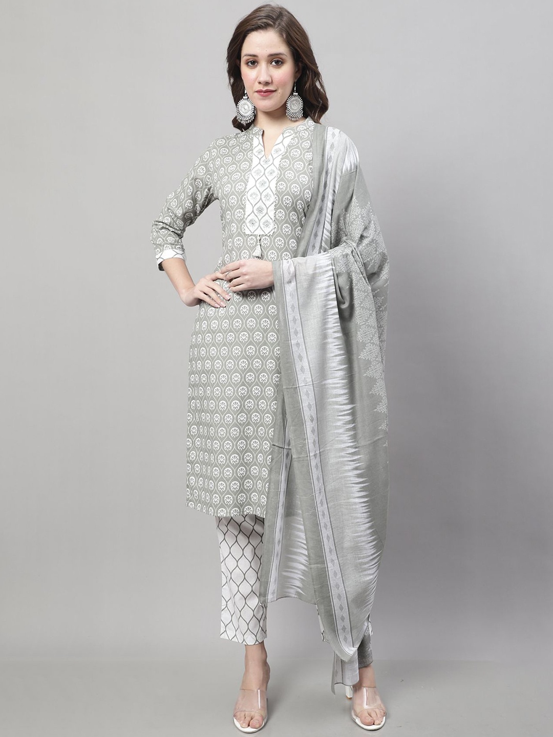 

KALINI Ethnic Motifs Printed Pure Cotton Straight Kurta with Trousers & Dupatta, Grey