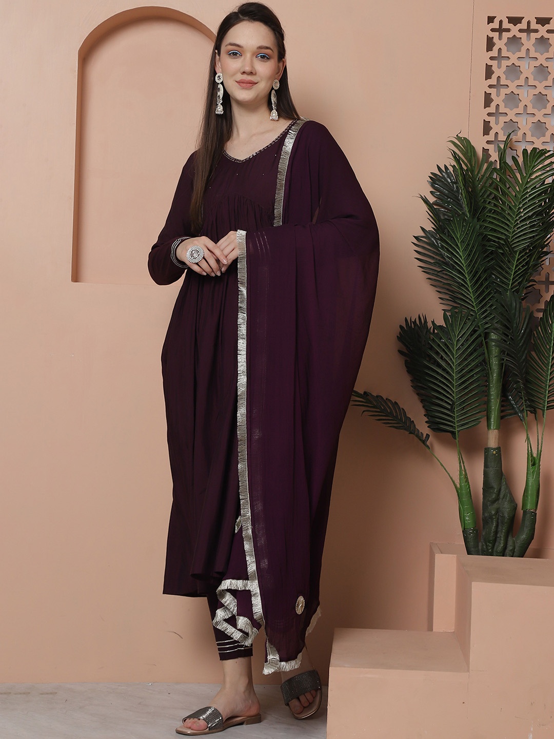 

KALINI Floral Printed A-Line Kurta with Trousers & Dupatta, Maroon